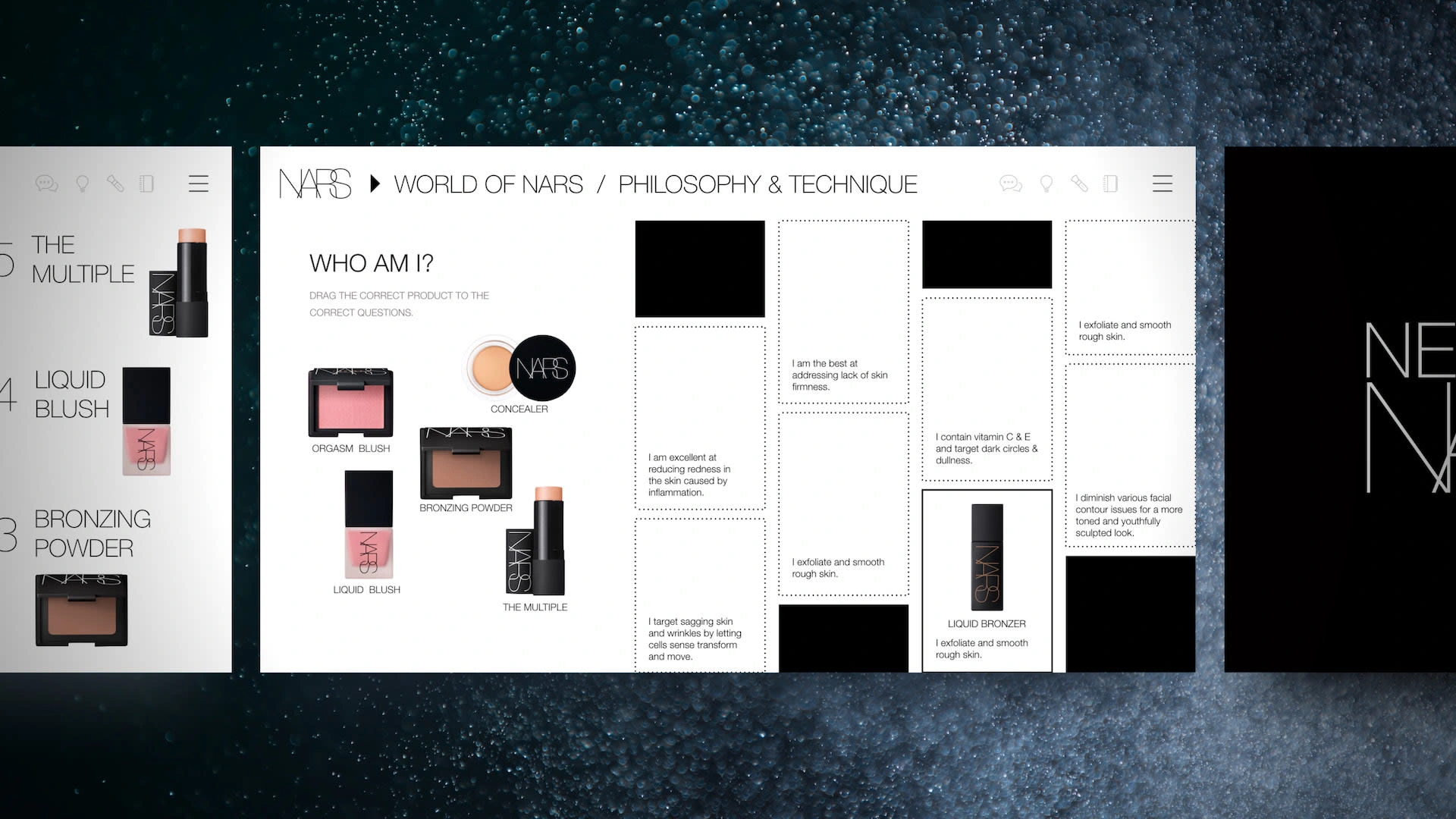 NARS Cosmetics e-learning interactive quiz screen mockup for Philosophy & Technique module showing "Who Am I?" drag-and-drop product matching exercise with Orgasm Blush, Concealer, Bronzing Powder, Liquid Blush, The Multiple, and Liquid Bronzer products.