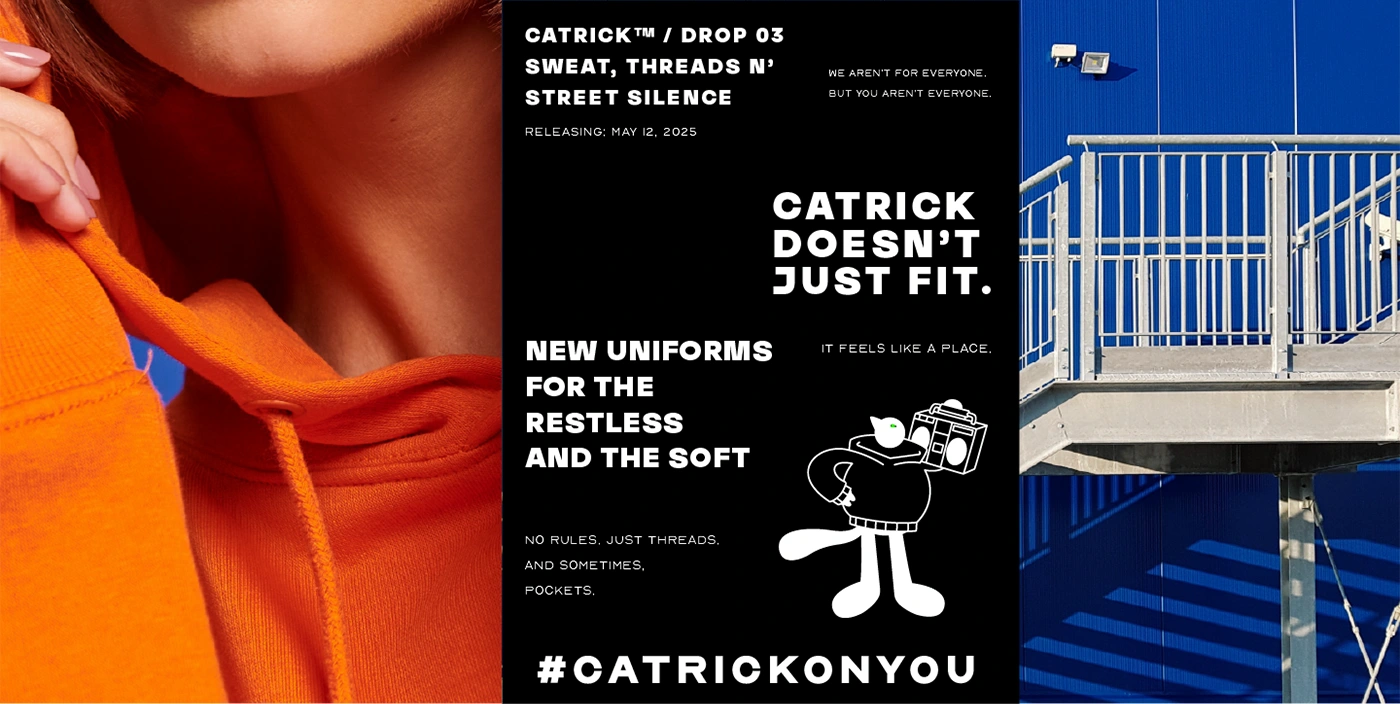 Poster-style ad with bold text and Catrick mascot