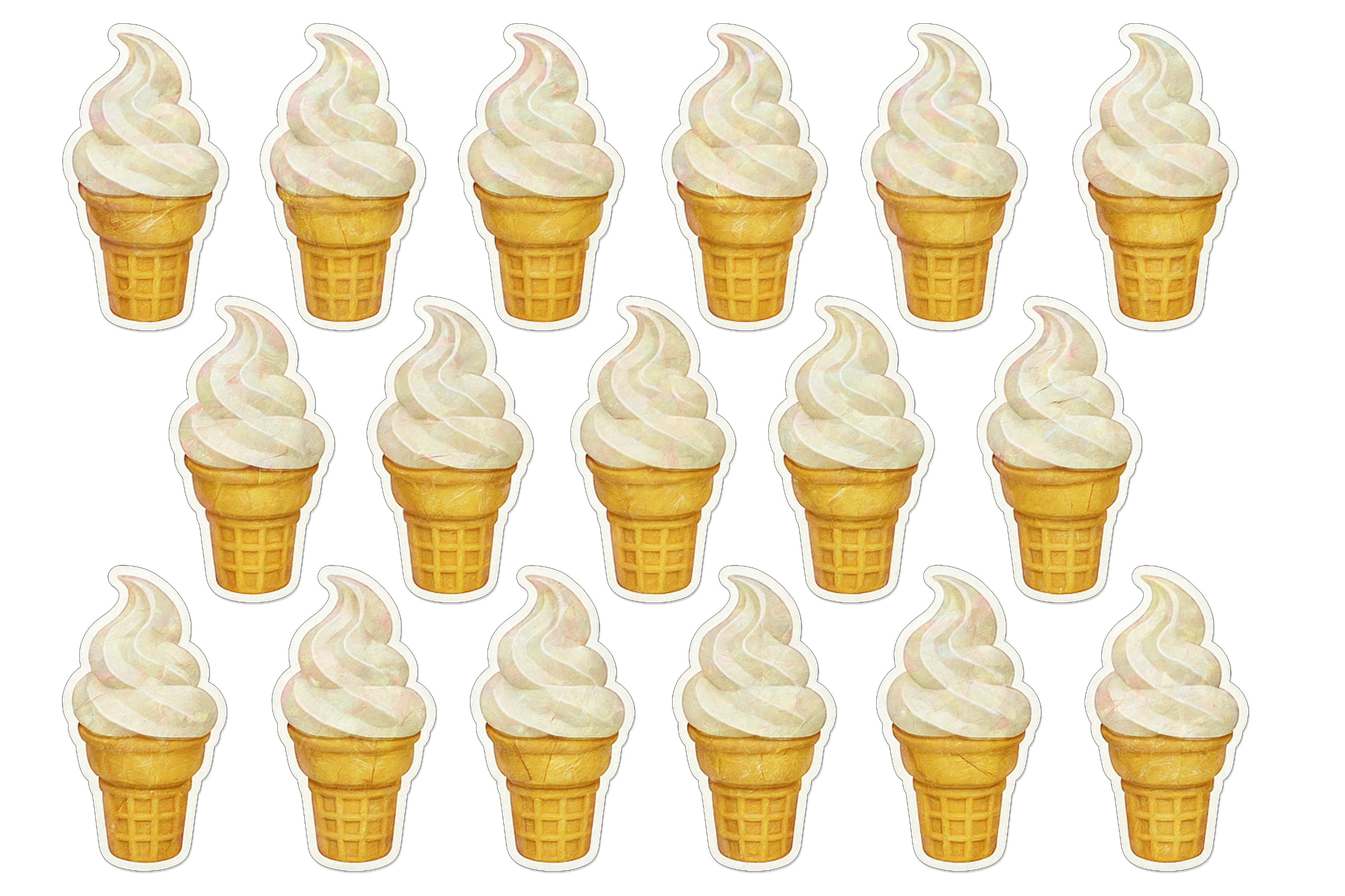 alt text: repeating rows of identical stickers portraying ice cream cones that are decidedly vanilla. 