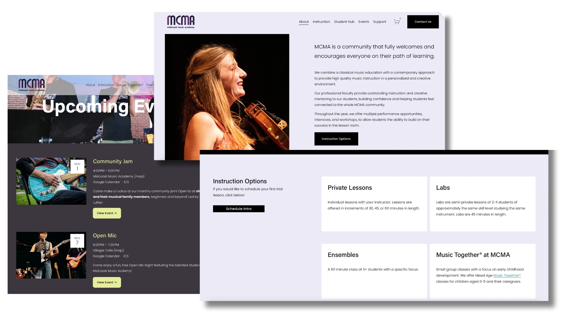 Screenshots of other pages; events page (left), instruction overview (top right), instruction options (bottom right)