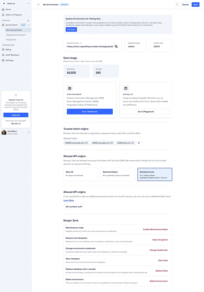 Environment usage and provides easy access to security settings and core actions.