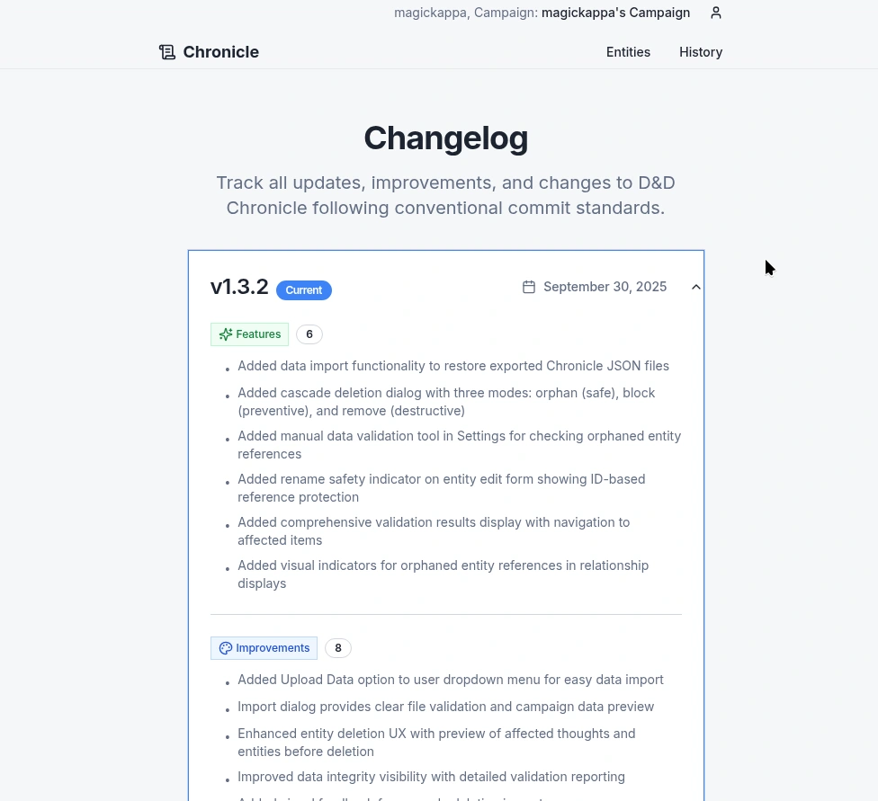 The Changelog page on the application, following conventional commit standards