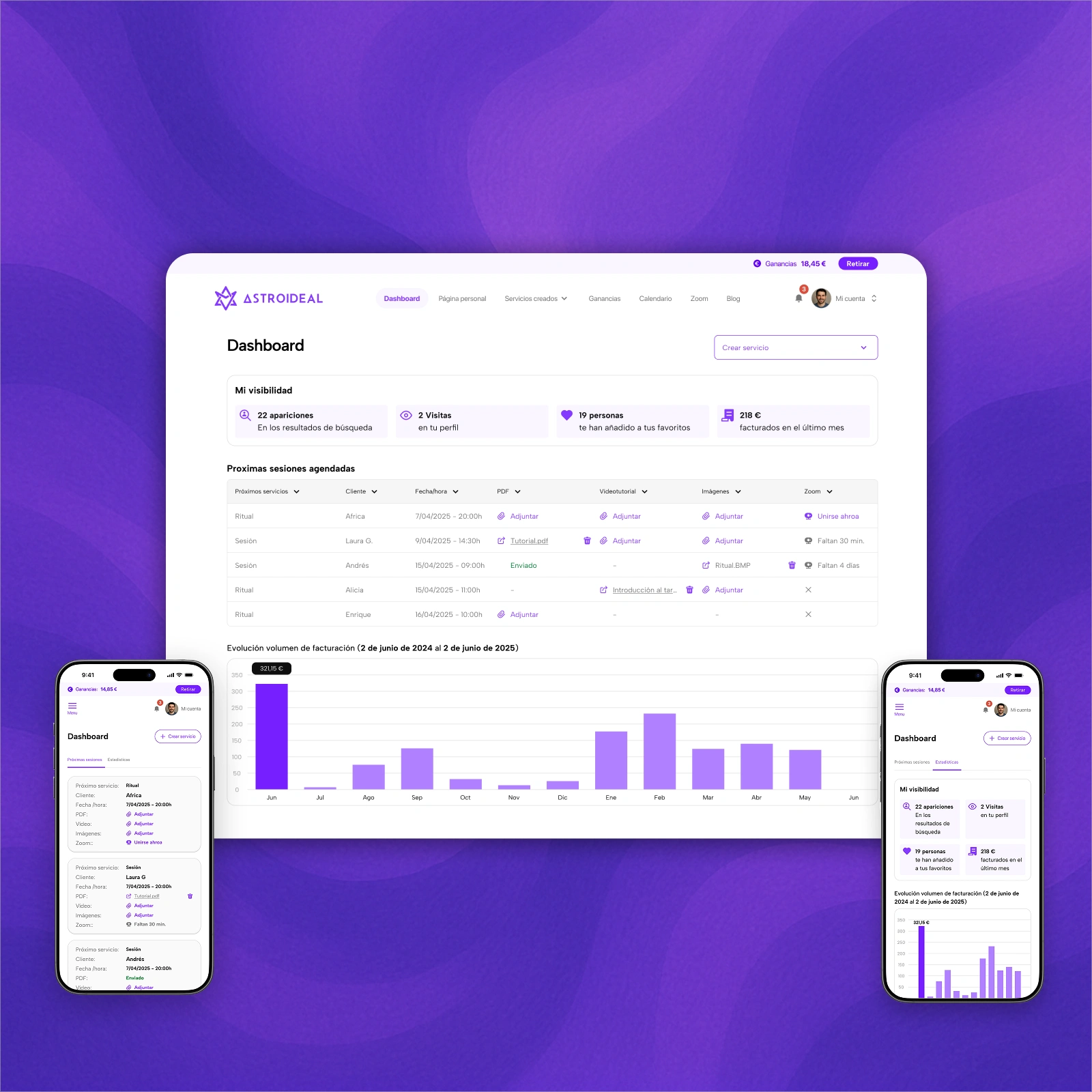 Dashboard for professionals on desktop and mobile