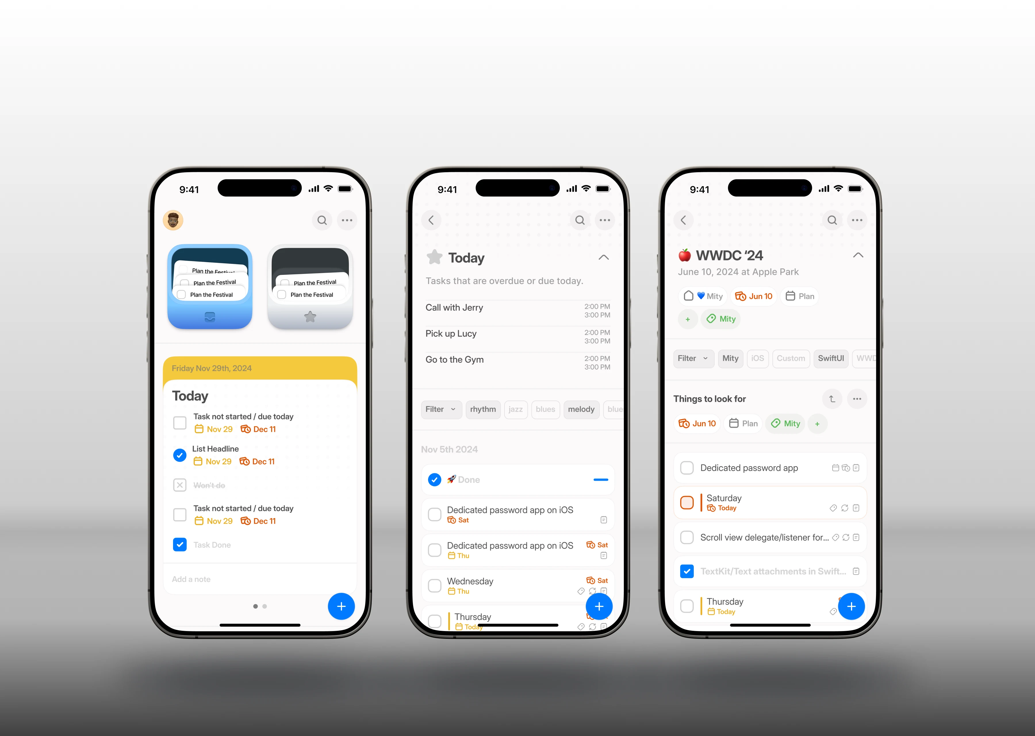 Main App Screens - Dashboard / Today view / Detail view