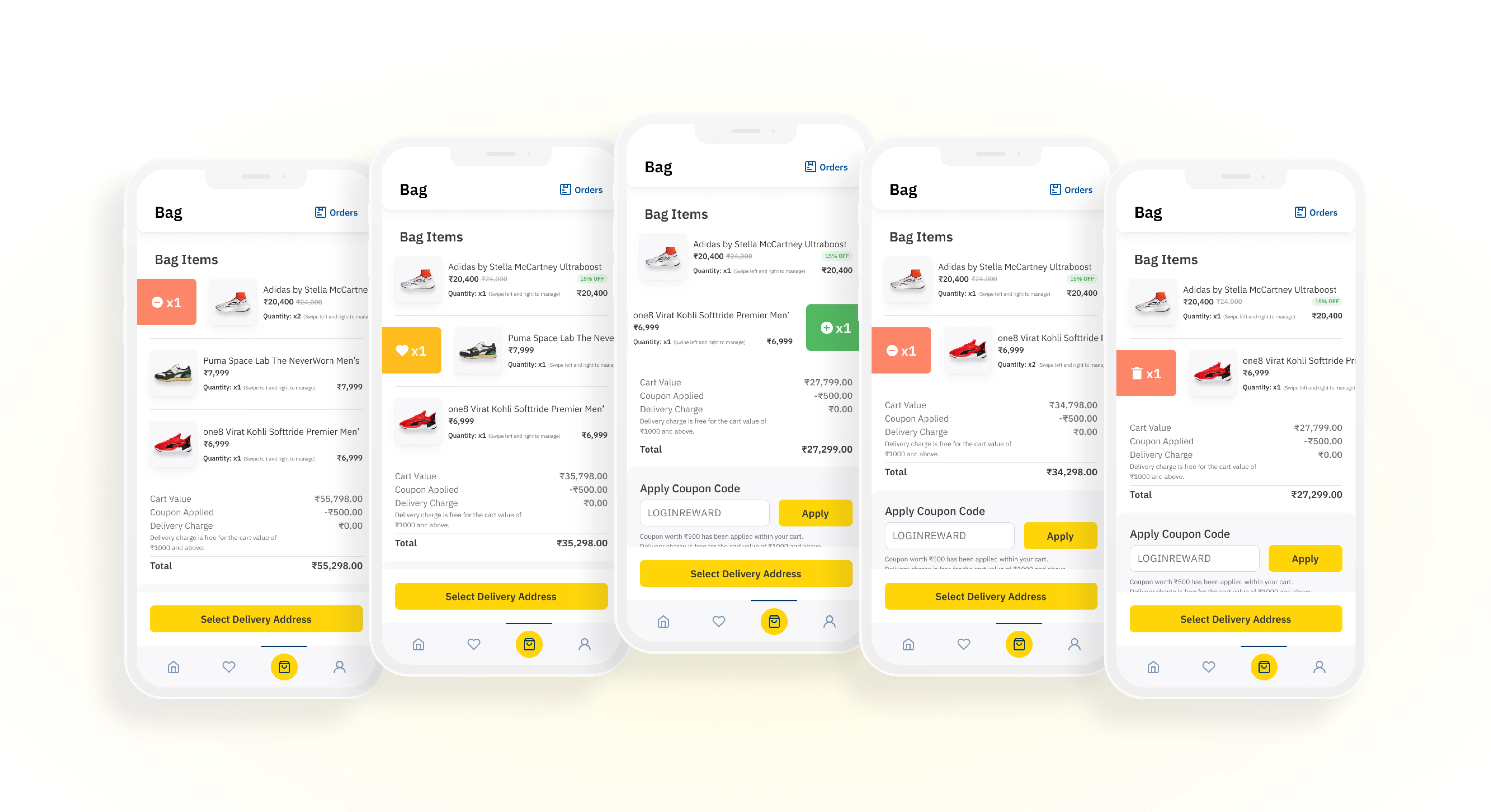 Shopping cart items in different actionable states