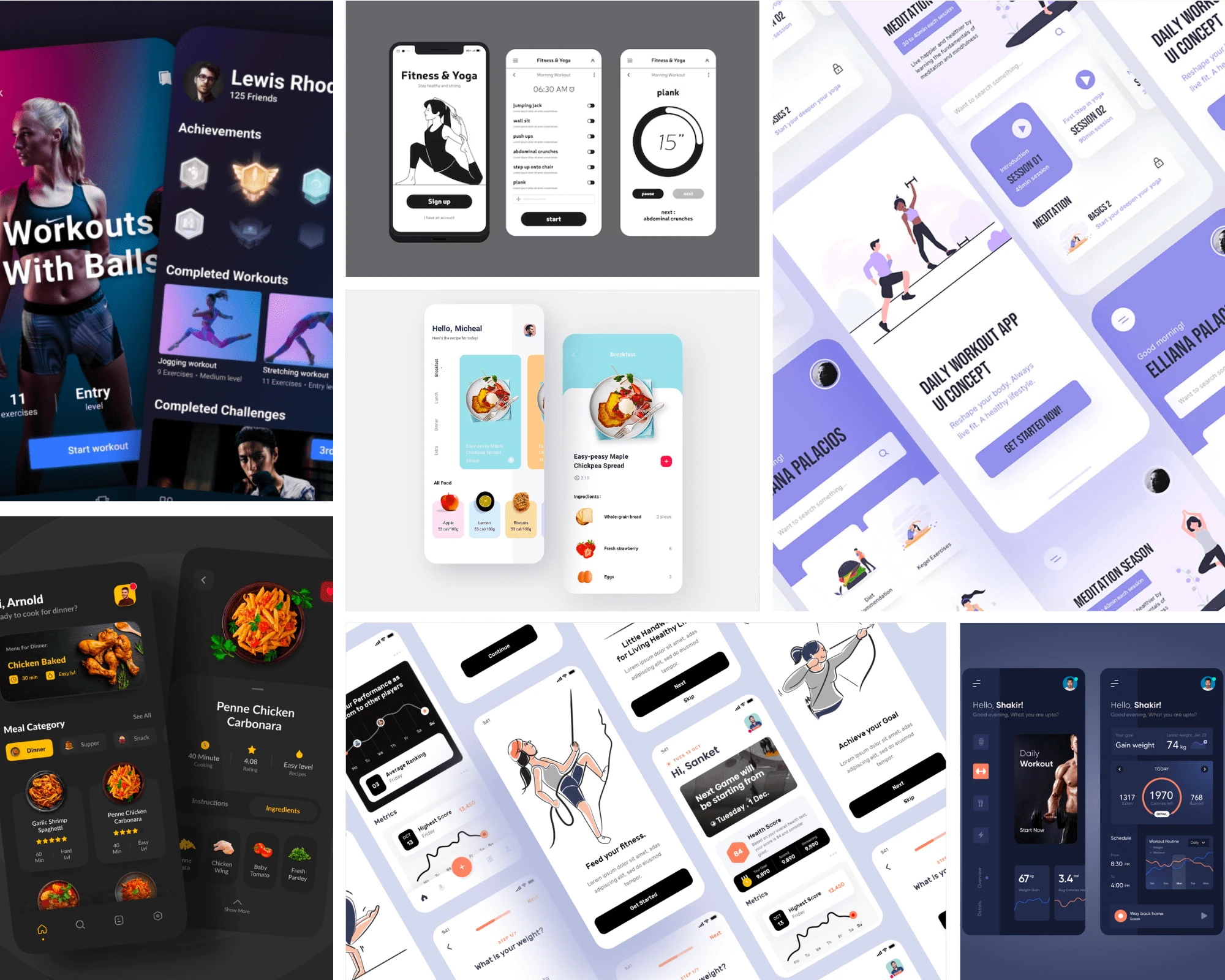 I filled a mood board with health and fitness apps from Dribbble and Pinterest to gain insights into the app's layout and style for inspiration.