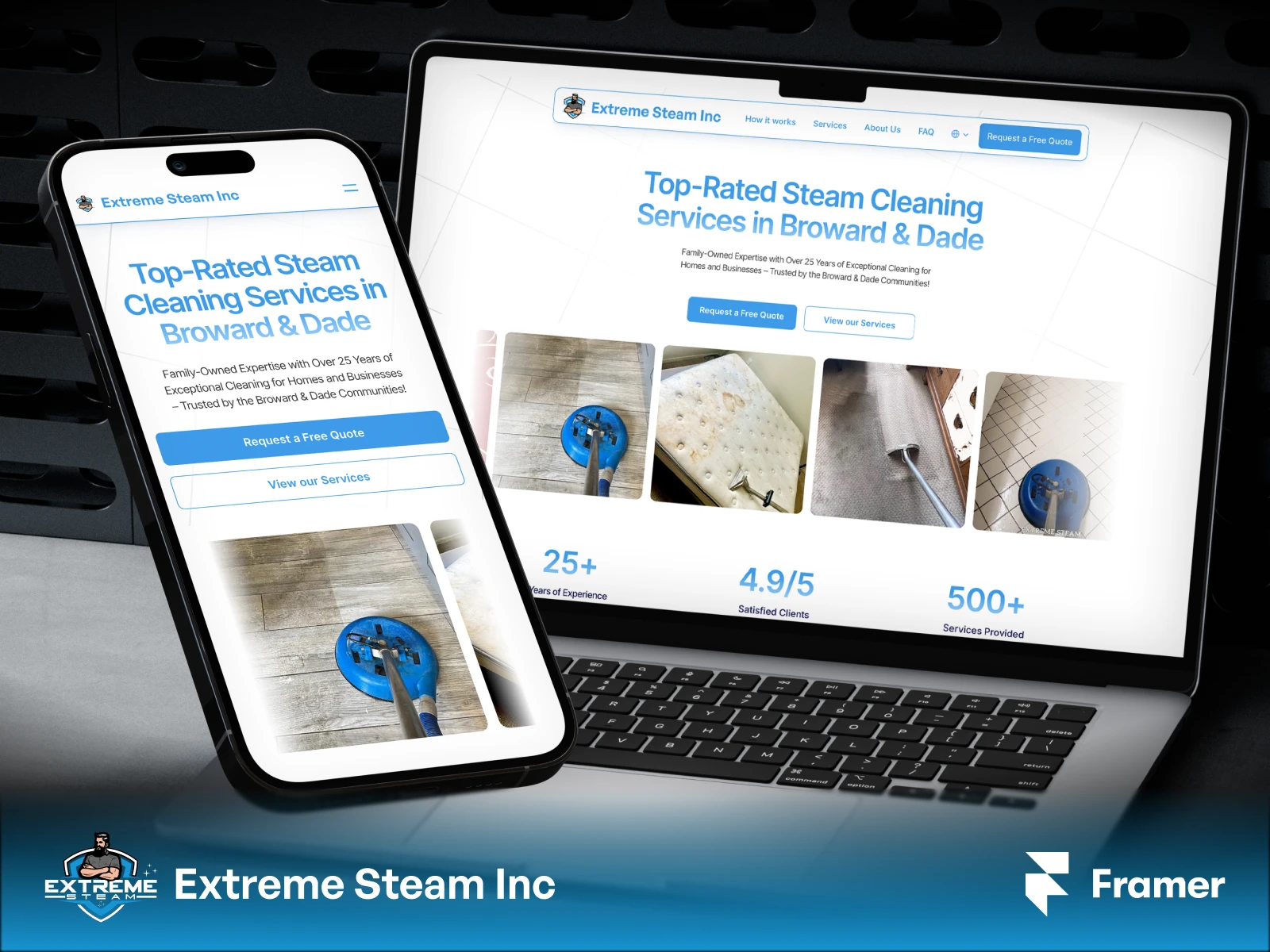 Extreme Steam Inc.’s new Framer website designed by Brian Alvarado, optimized for mobile and desktop users in Miami, Broward, and Dade County.