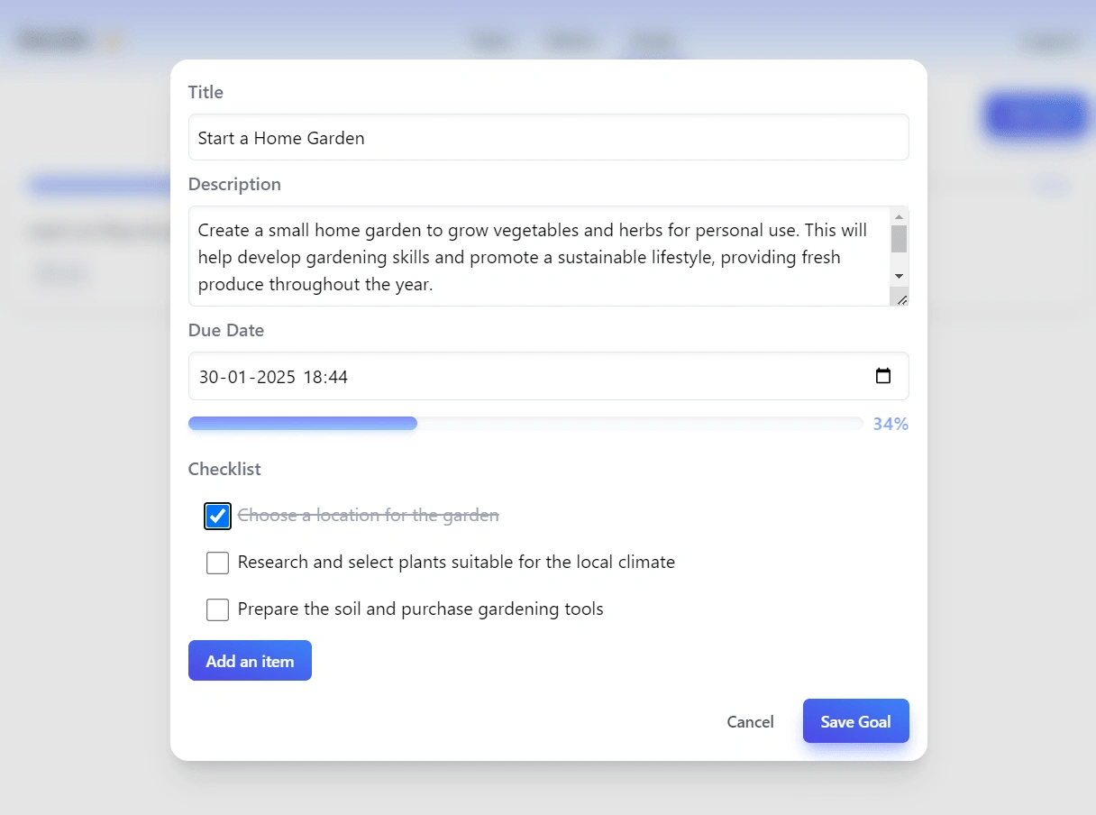 Create goals with deadlines and subtasks