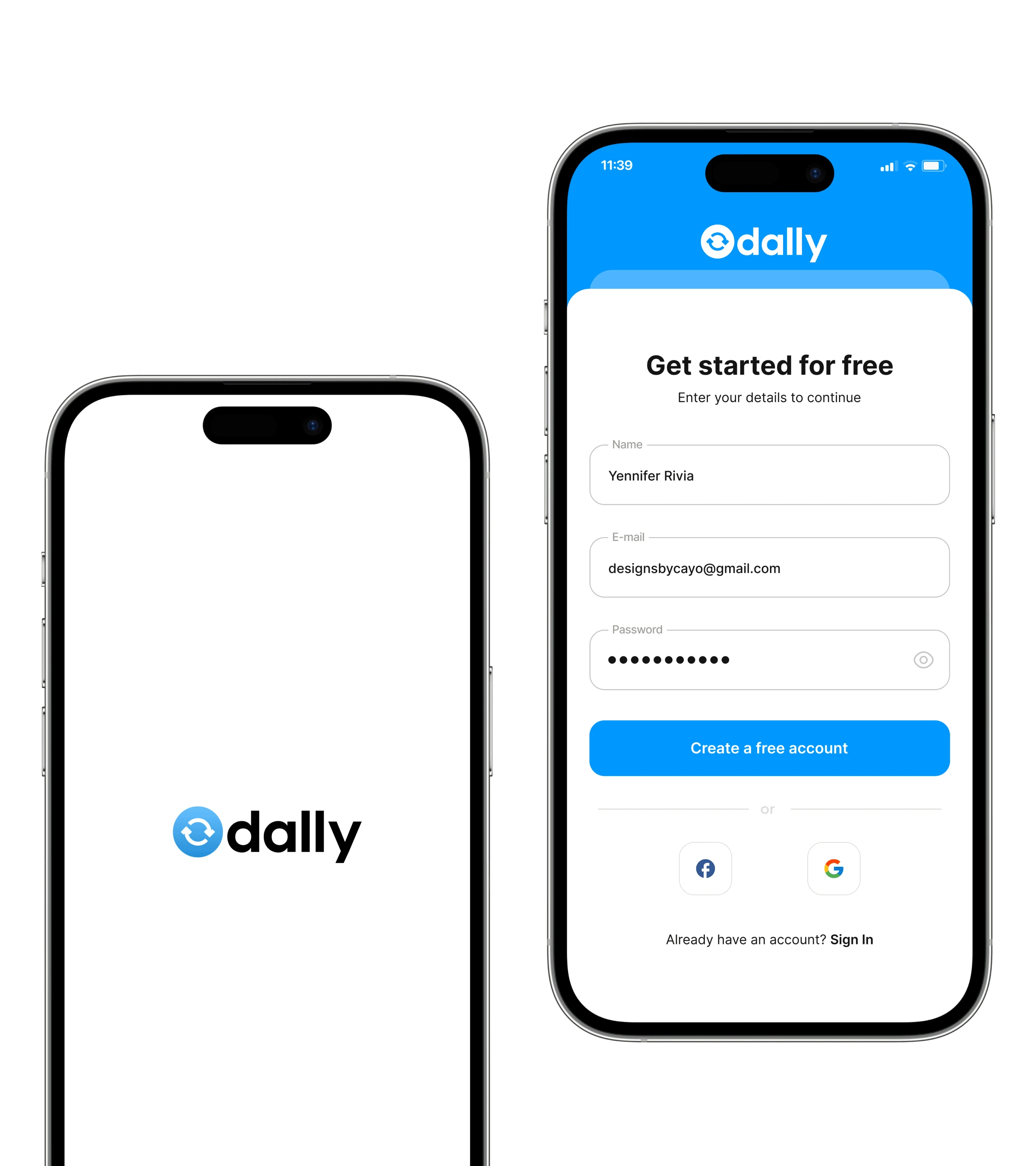 Screenshots from the "Splash" & "Create an account" Screen
