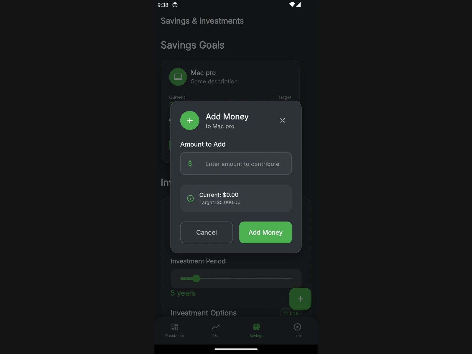 Add money to a particular Goal