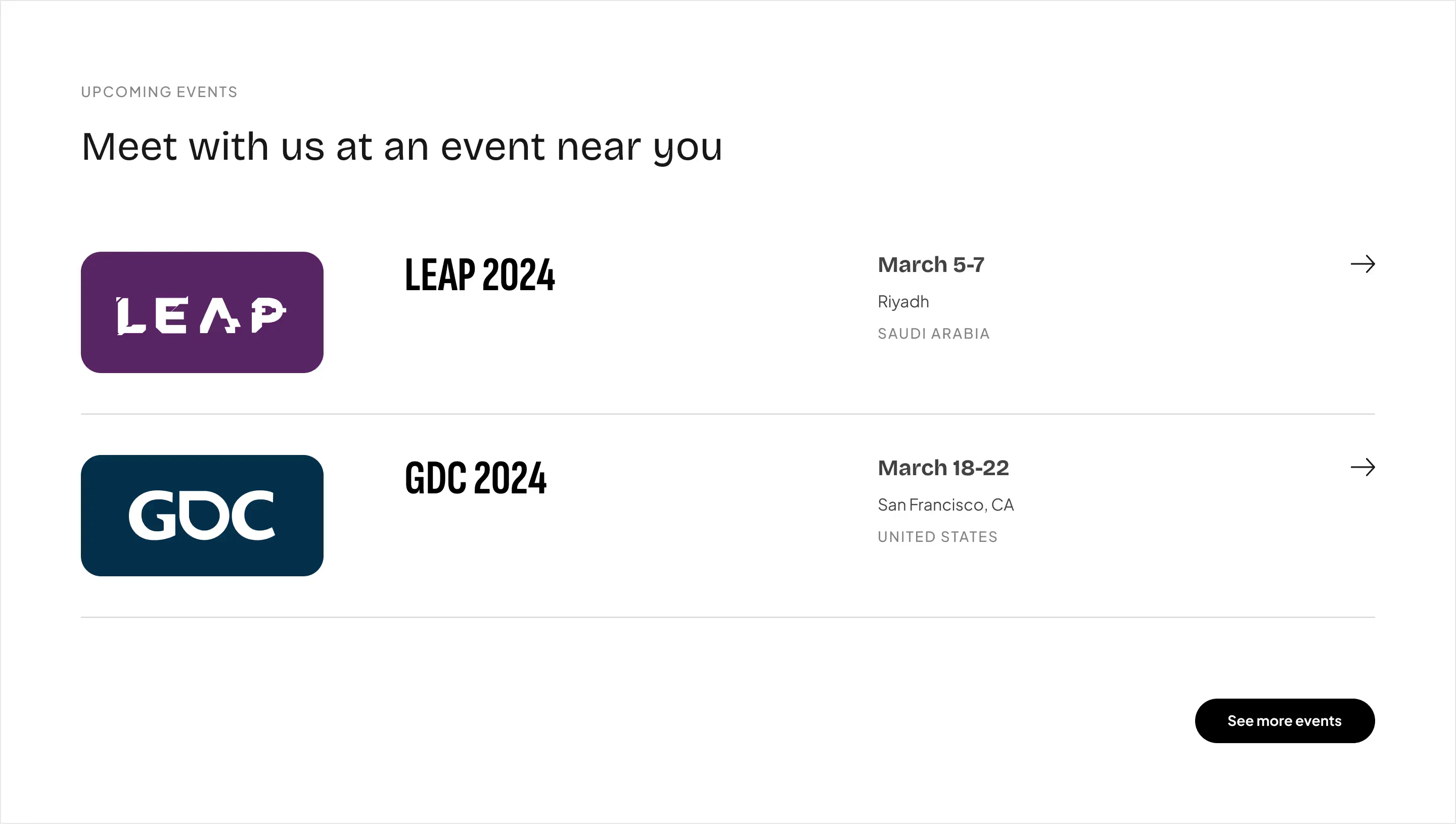 Giving upcoming events a more scannable format built around dates, locations, and brands.