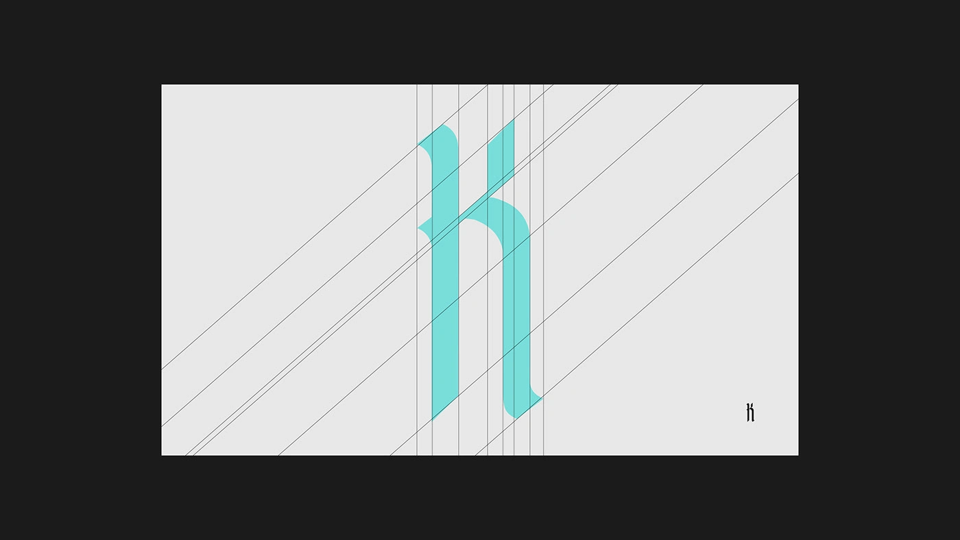 This technical view reveals the underlying structure of the Waikiki typeface. Precise geometric guidelines and construction lines were used to define the character's weight, contrast, and flow. This rigorous process ensured that the fluid, wave-inspired curves were consistently applied across the entire alphabet, achieving maximum legibility while preserving the distinct, dynamic aesthetic of this Gothic-oceanic fusion.
