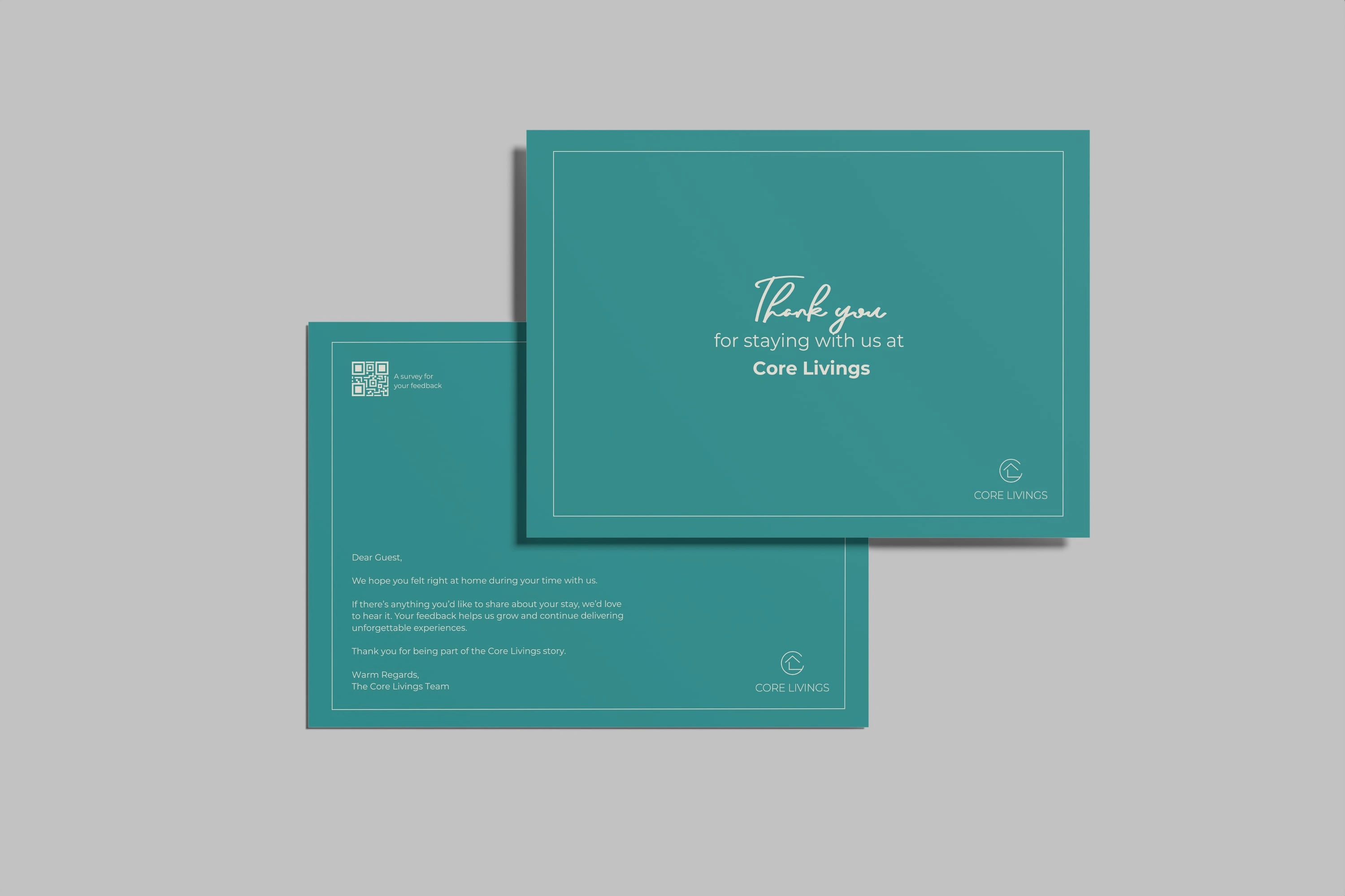 A 'thank you' card to be given to customers after their stay is over. 