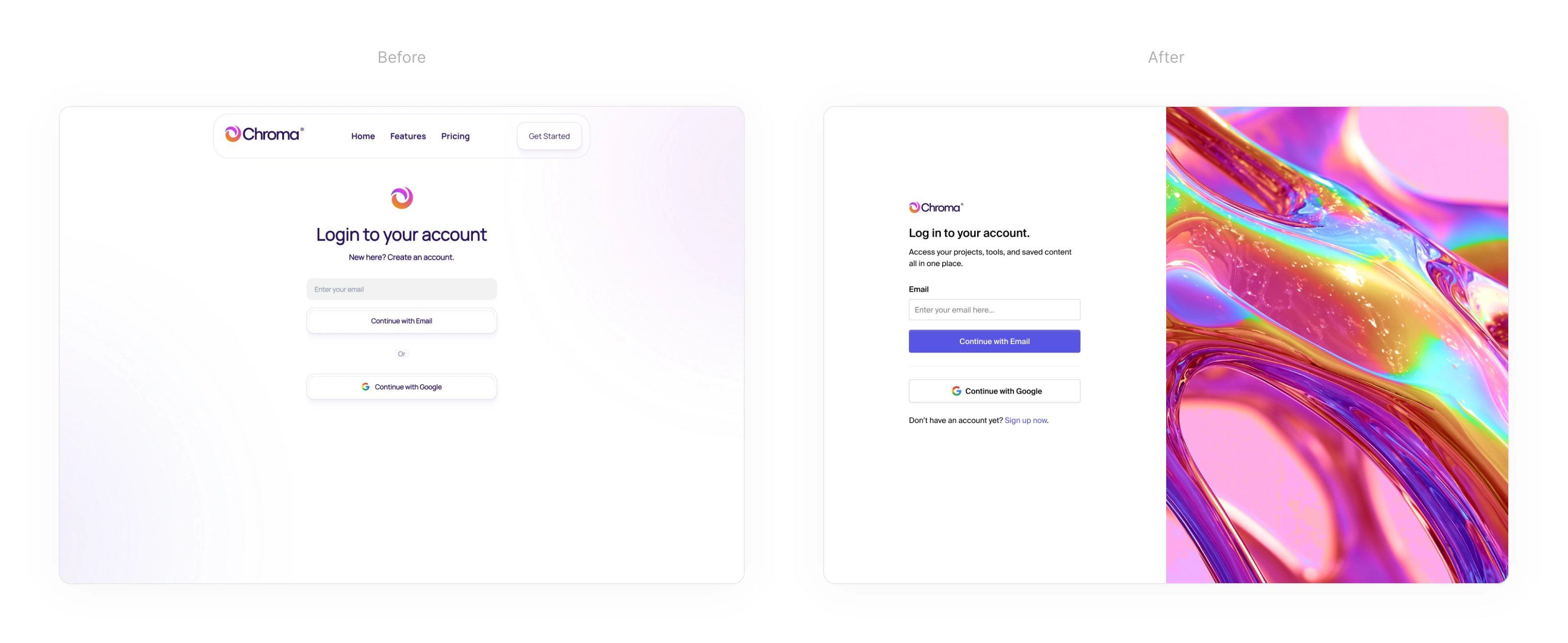 Login screens. Access to the ChromaAI dashboard. Left image is the original concept. Right image is the redesigned version.
