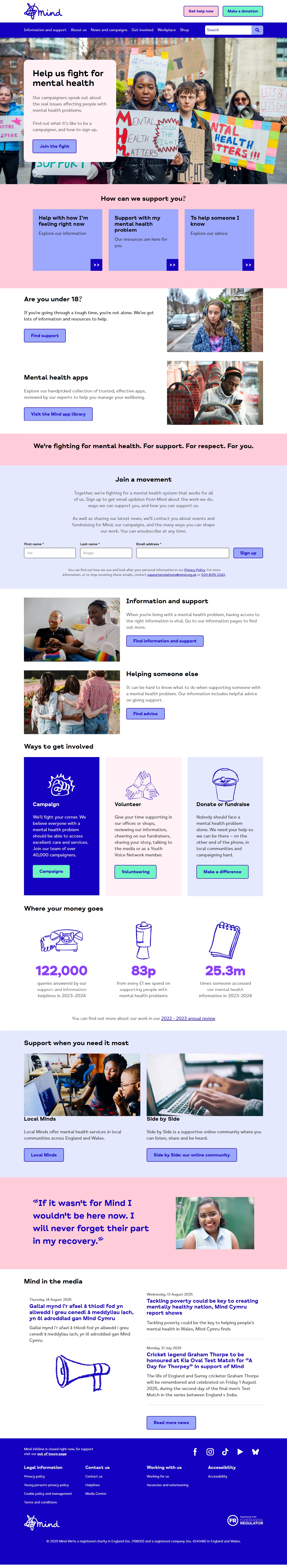 The Mind website homepage, featuring a light pink and blue color palette. The top section shows a banner with a diverse group of people holding up signs and smiling. Below are various sections with text and images about getting involved, finding support, and the charity's impact, including statistics and photos of people using laptops and engaging in conversations. The bottom of the page has a footer with the Mind logo and social media links.