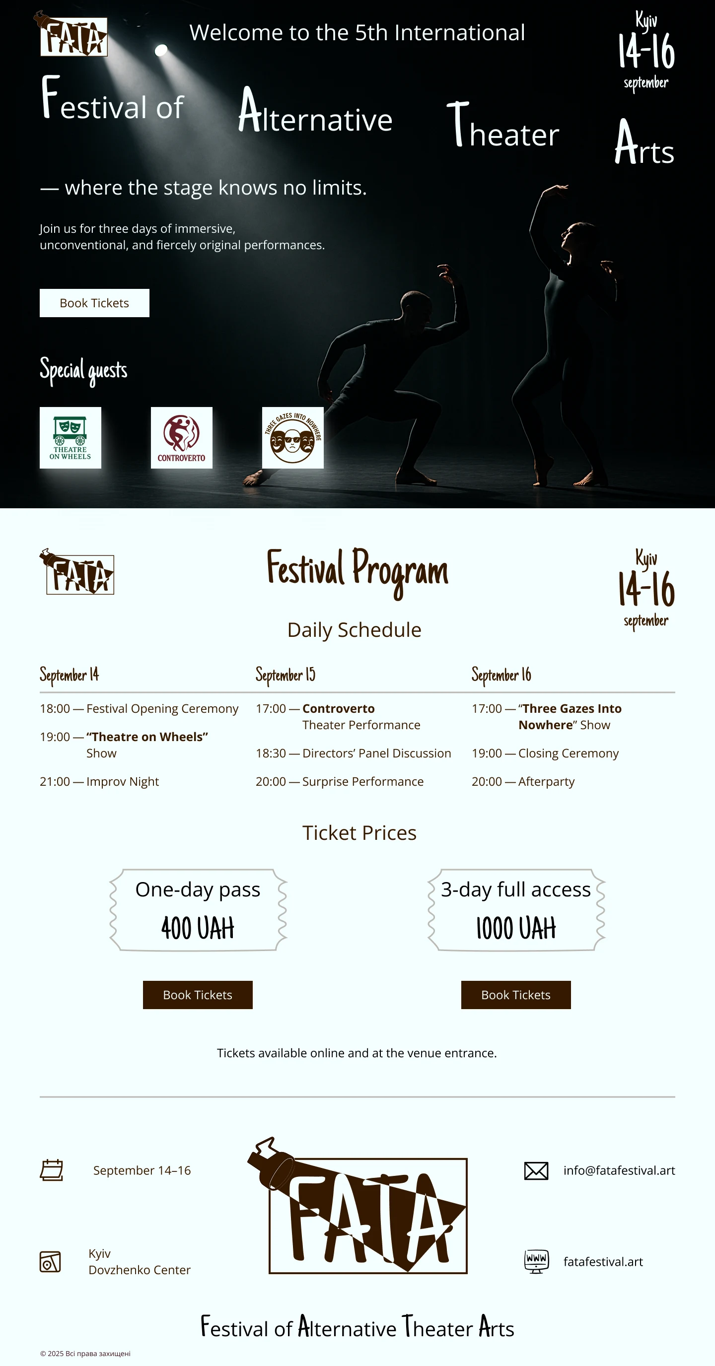 This is the final layout of the FATA Festival landing page, which I designed from scratch. The responsive design features clear content hierarchy and visual storytelling accents. The schedule covers three days of guest performances, improvisation nights, and special shows.