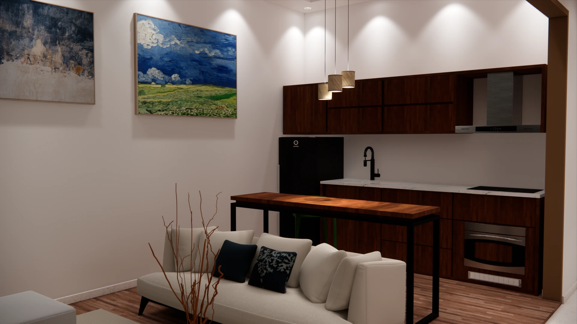 Living area + kitchen