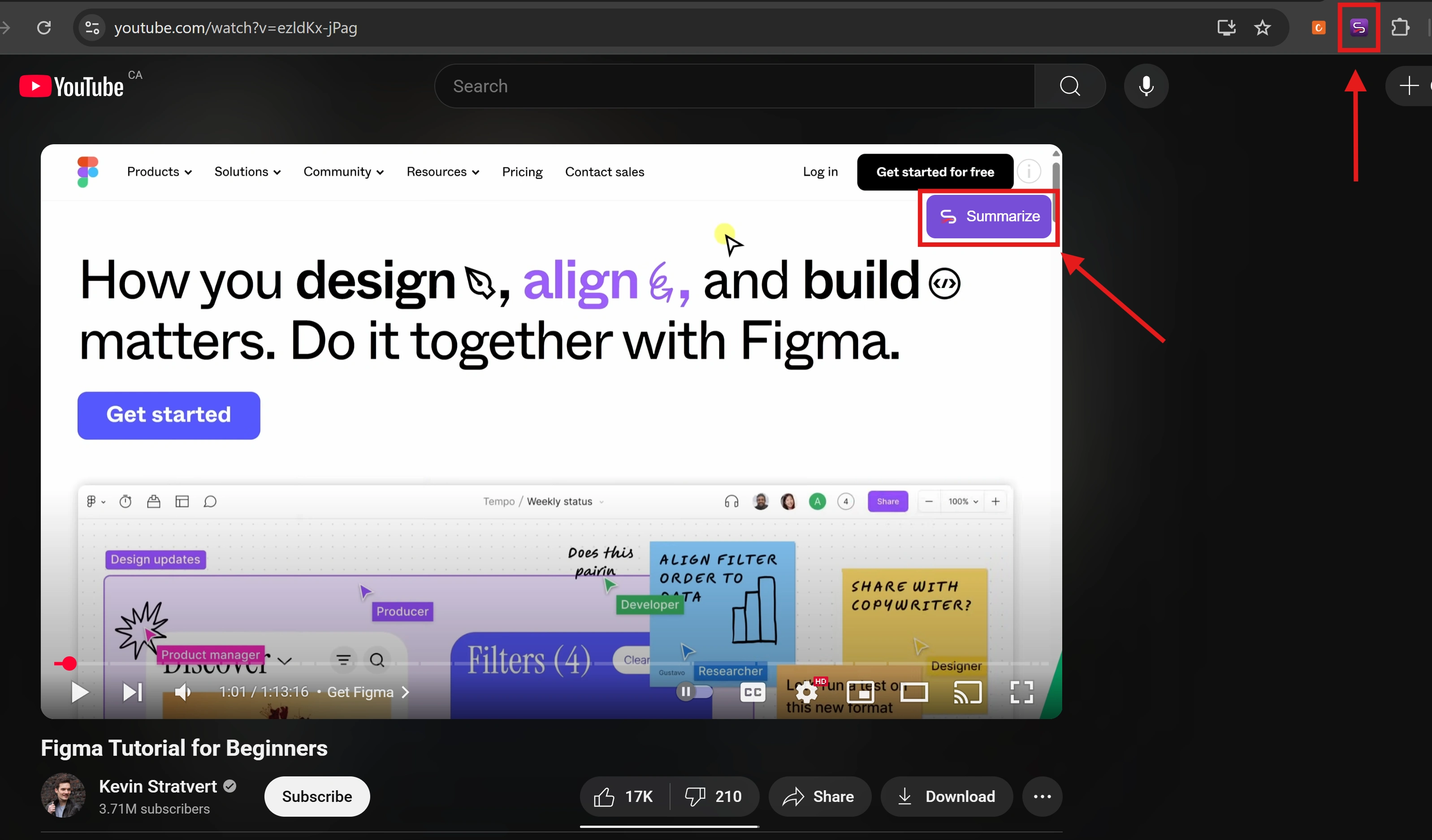 On any YouTube video, clicking on the "Summarize" button...