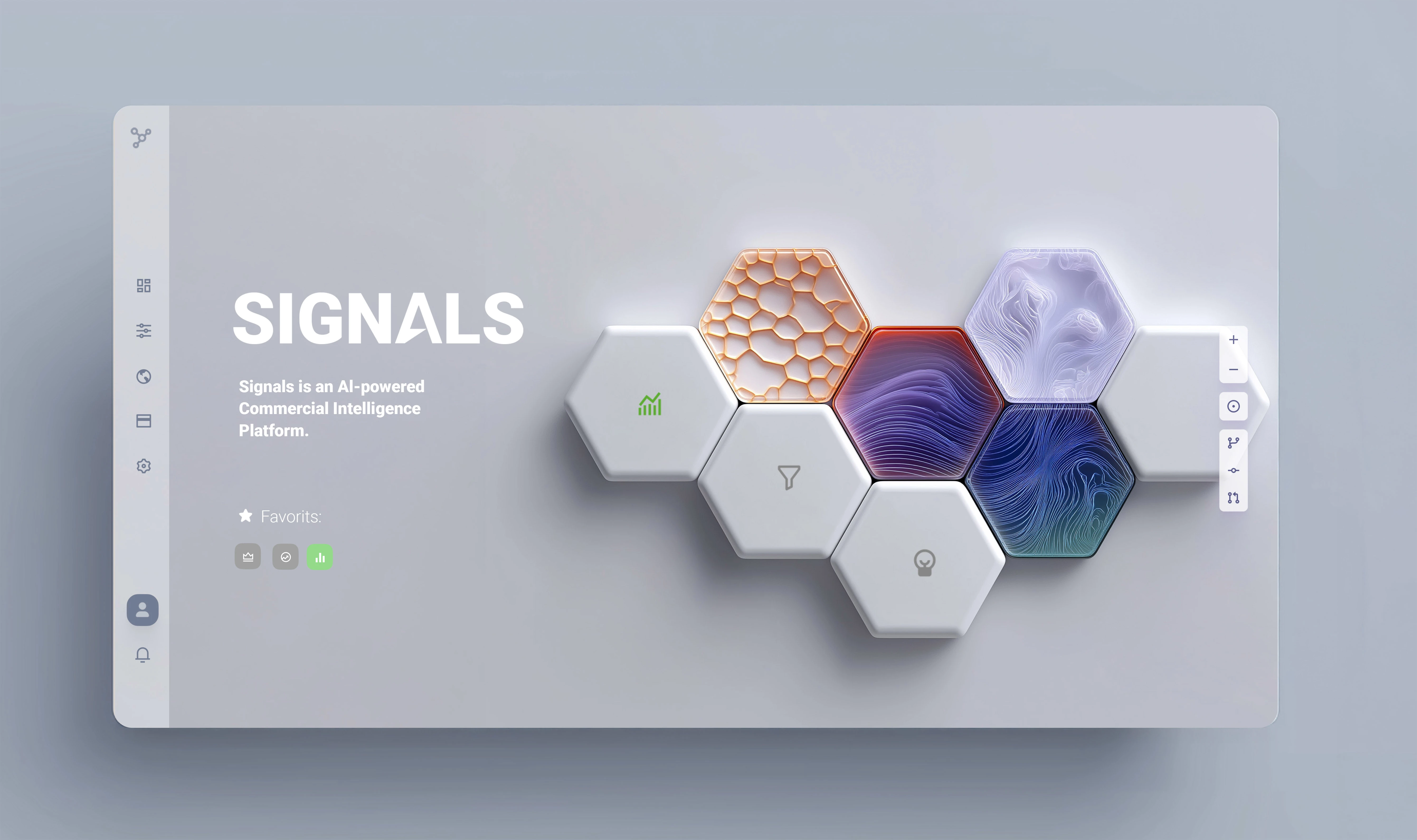 Hexagon-based system exploration — one of my personal favorites. Each cell represents a different capability or signal type, allowing the interface to reconfigure itself based on user roles, goals, and decision needs. This direction explores a more modular, build-your-own experience where every user can assemble an interface that fits their workflow.