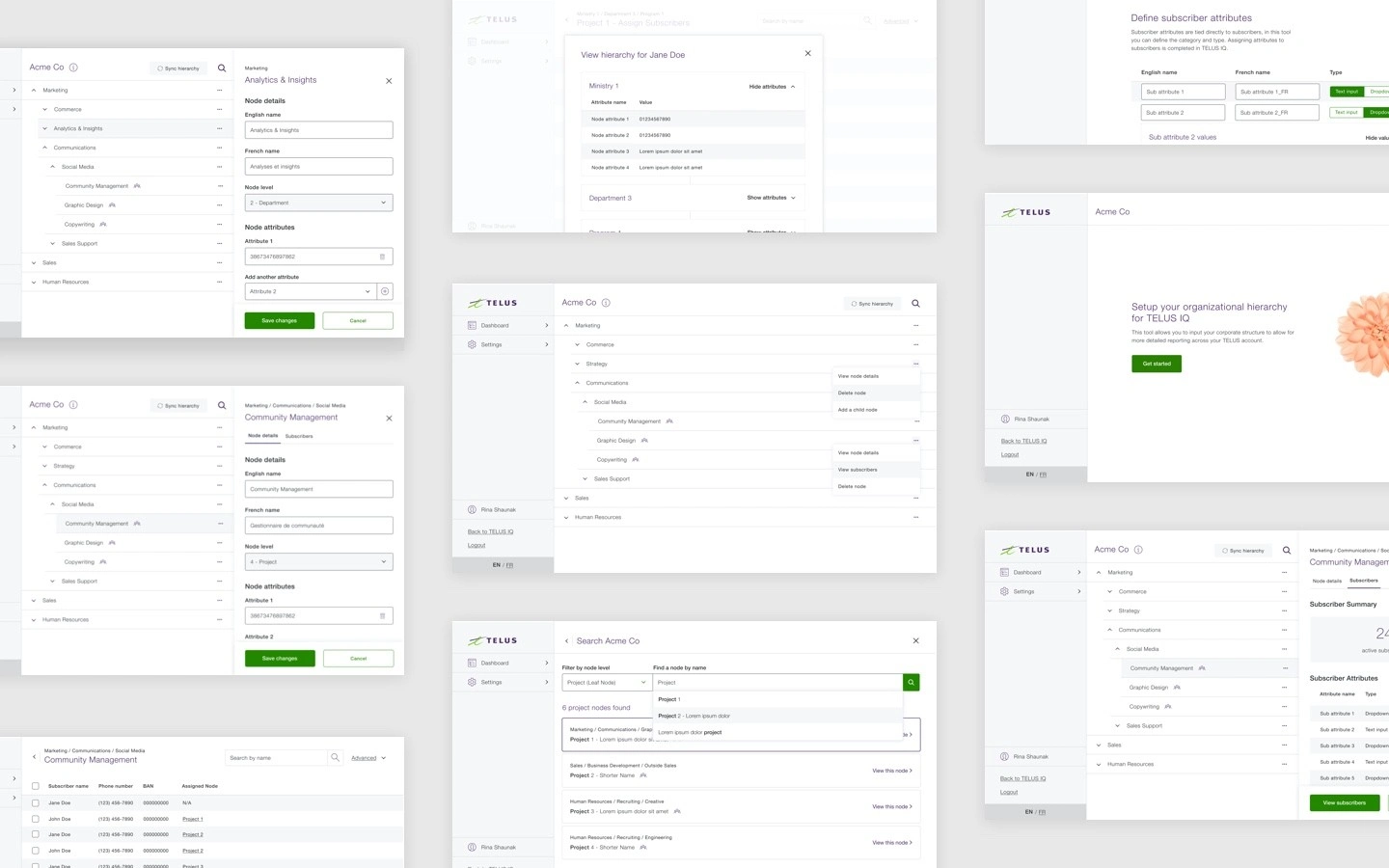 Key screens for the web app including a 2 column layout for navigating the hierarchy and configuring attributes and subscribers