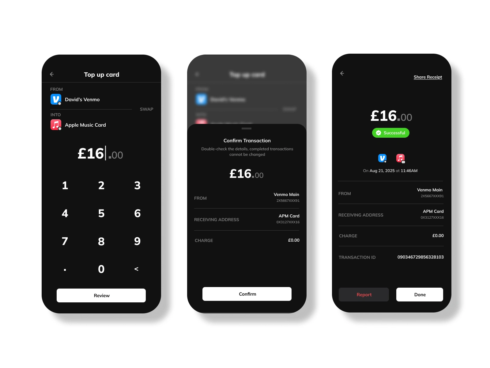 Card top-up flow screens.