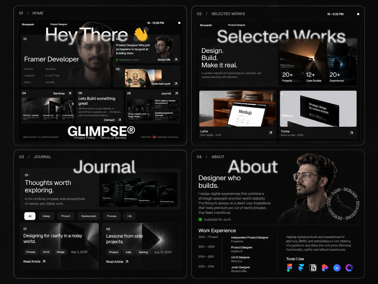 The visual language is built around typography, imagery, structure and restrained motion.