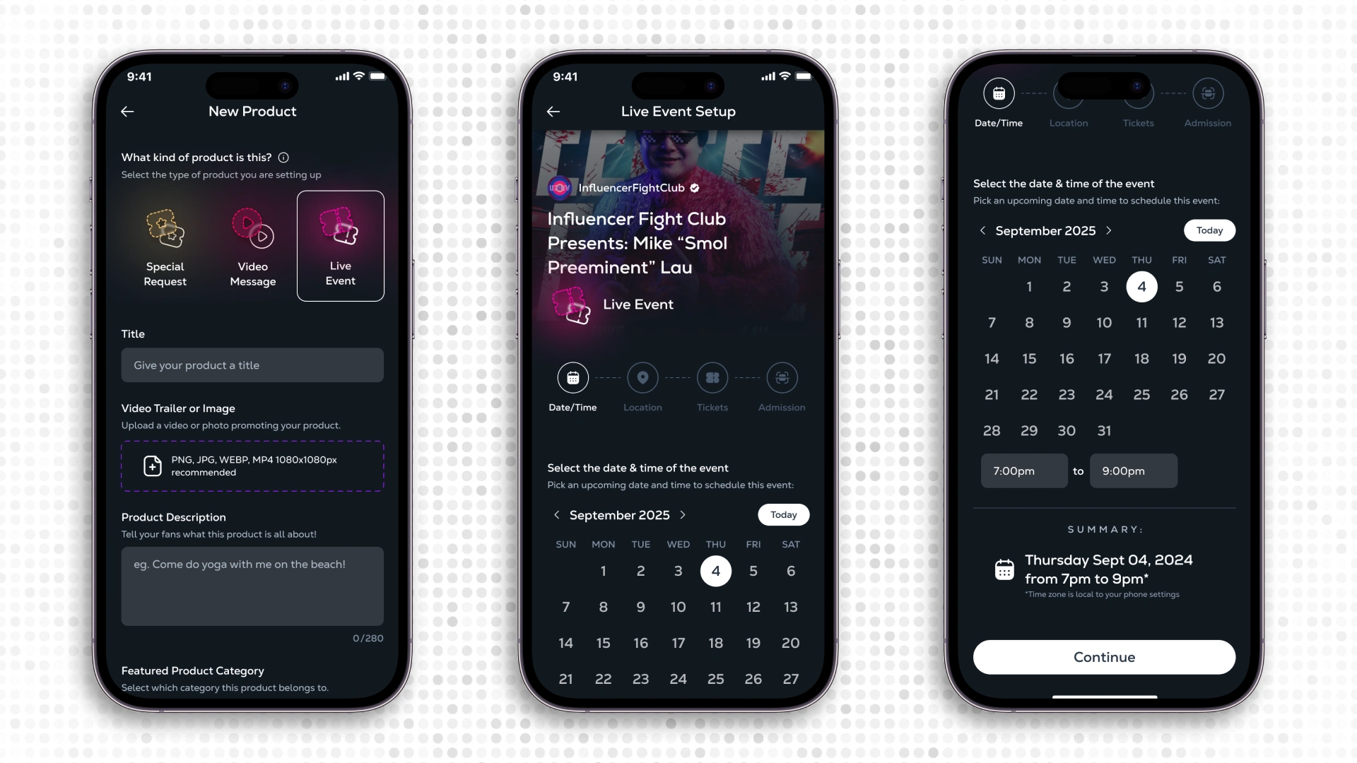 Screen 1 & 2: Seller creates a new "live event" product type to add to their shop. Begins inputting event details.
