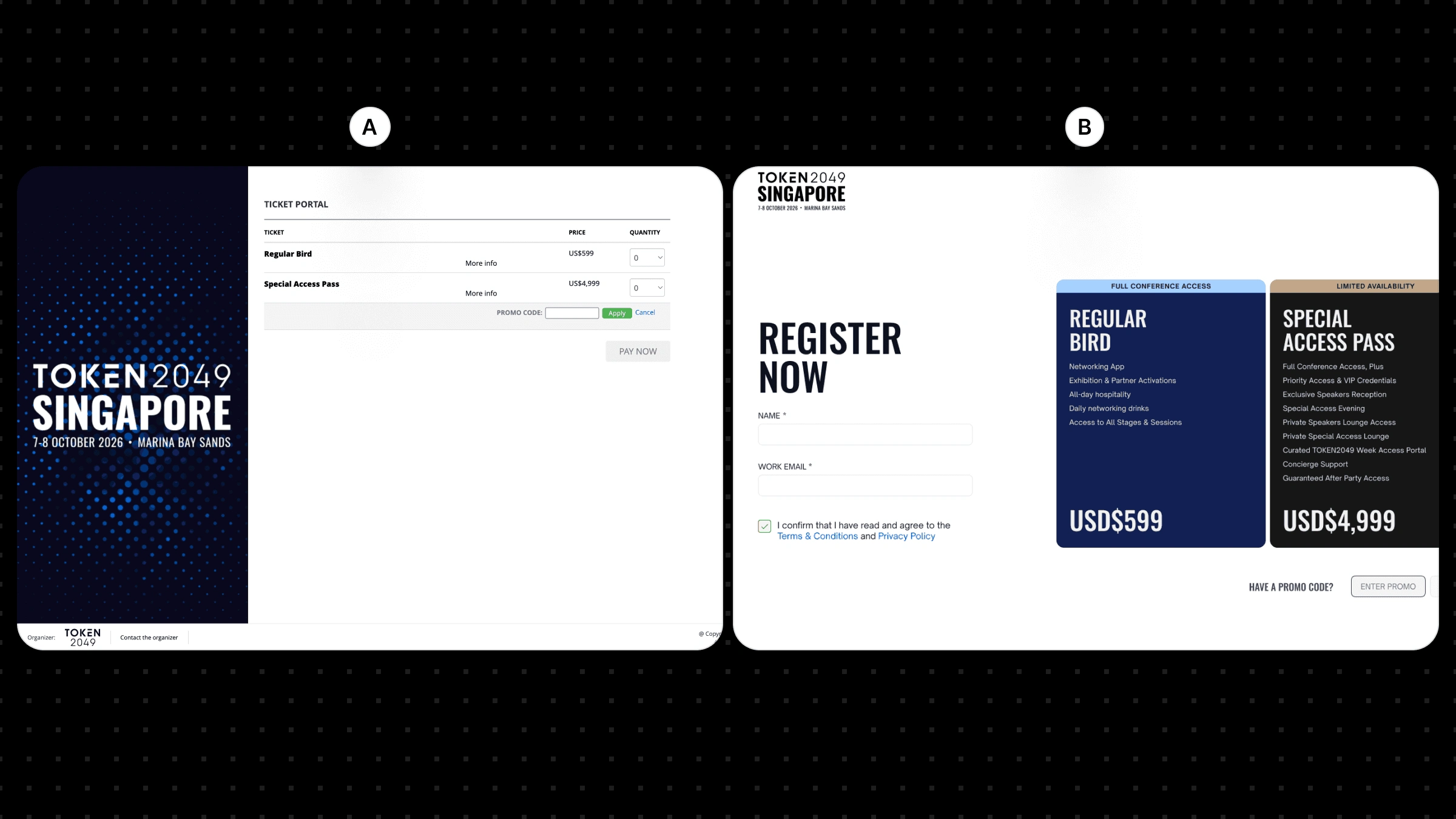 TOKEN2049 A/B test comparison, new design converted 2.3x better