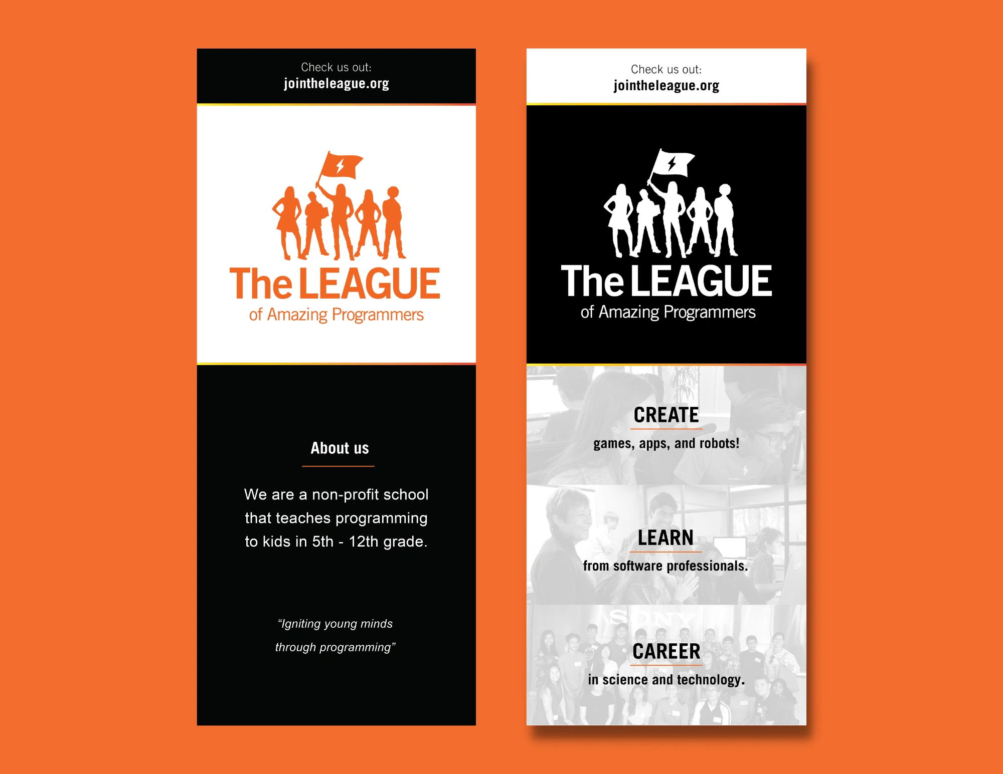 The 2019 retractable banner design was created by Kimberly Ngo using Adobe InDesign and following The League of Amazing Programmer's style guidelines.