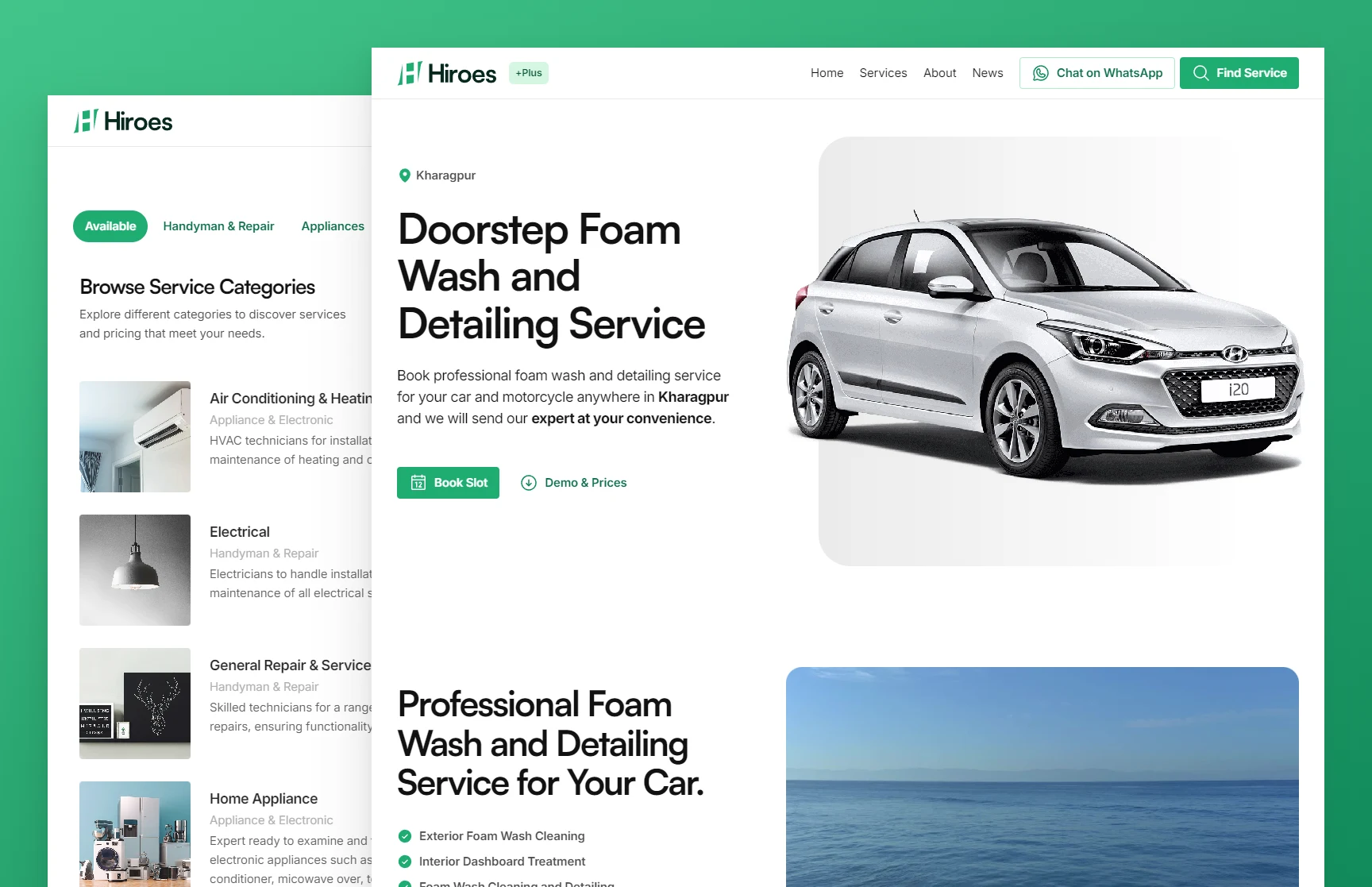 Webite mockup presentation of service listing page and pro service page.
