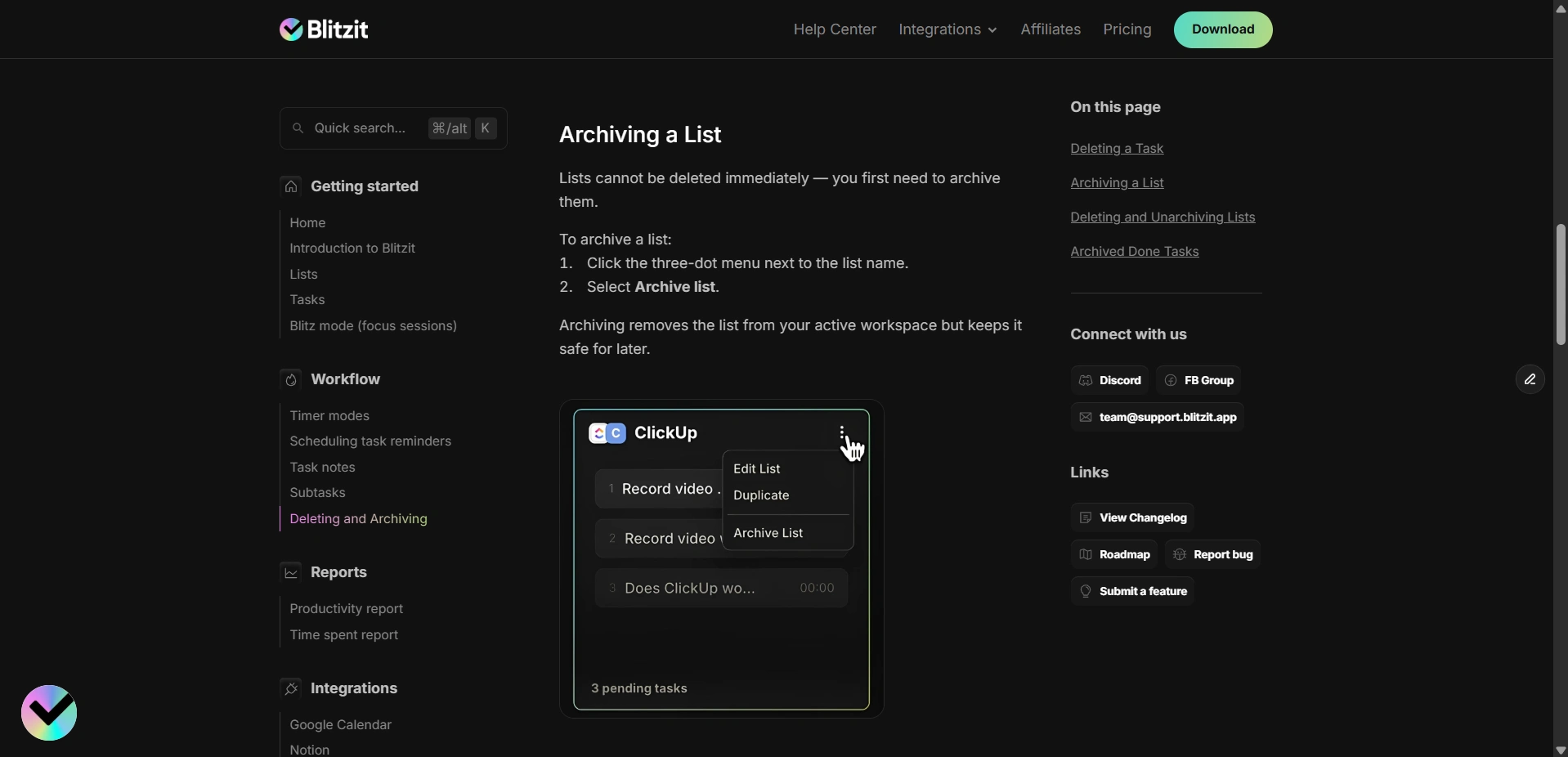 Screenshot from the Blitzit's Help Center