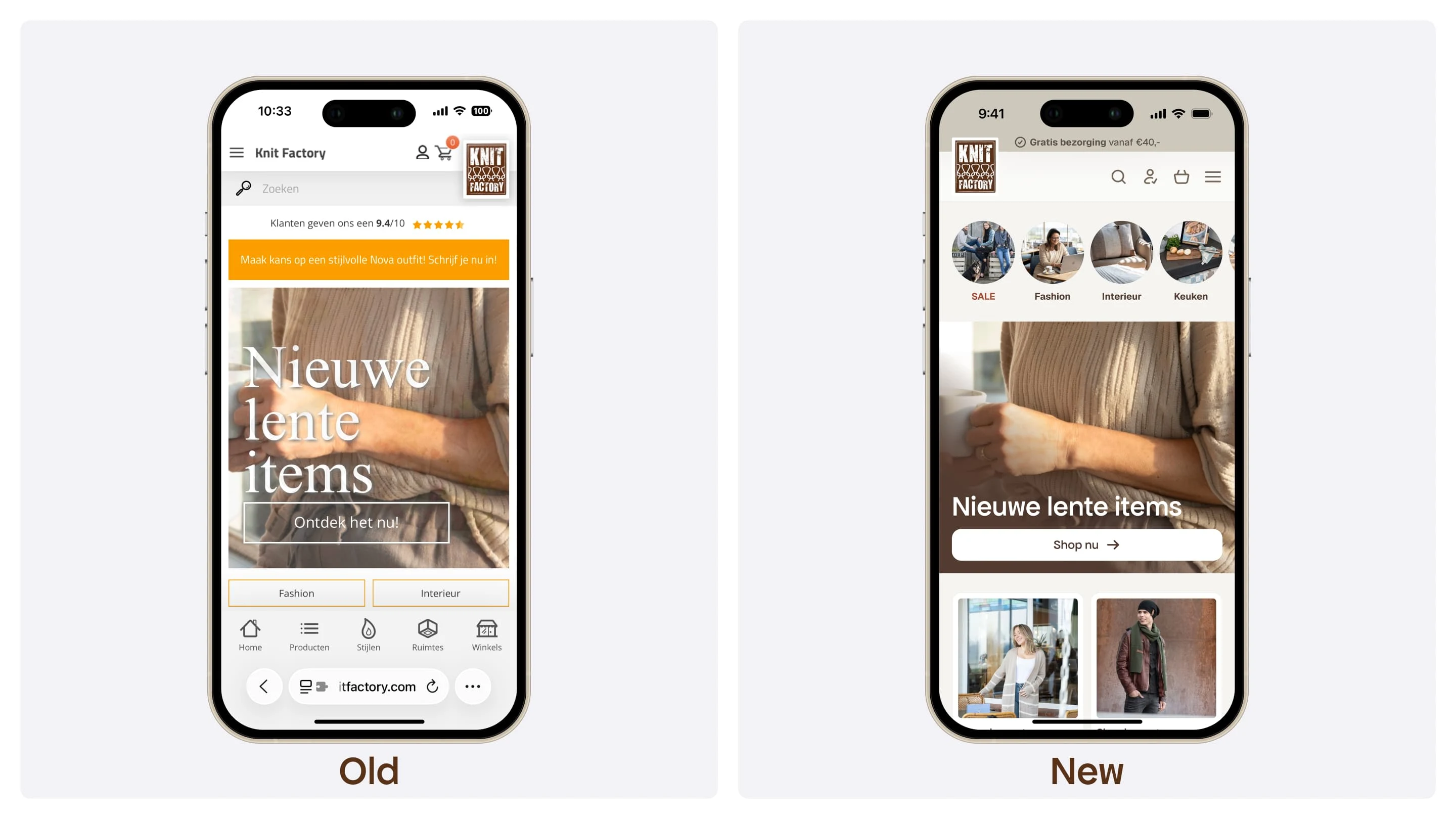 Old vs New homepage design on mobile