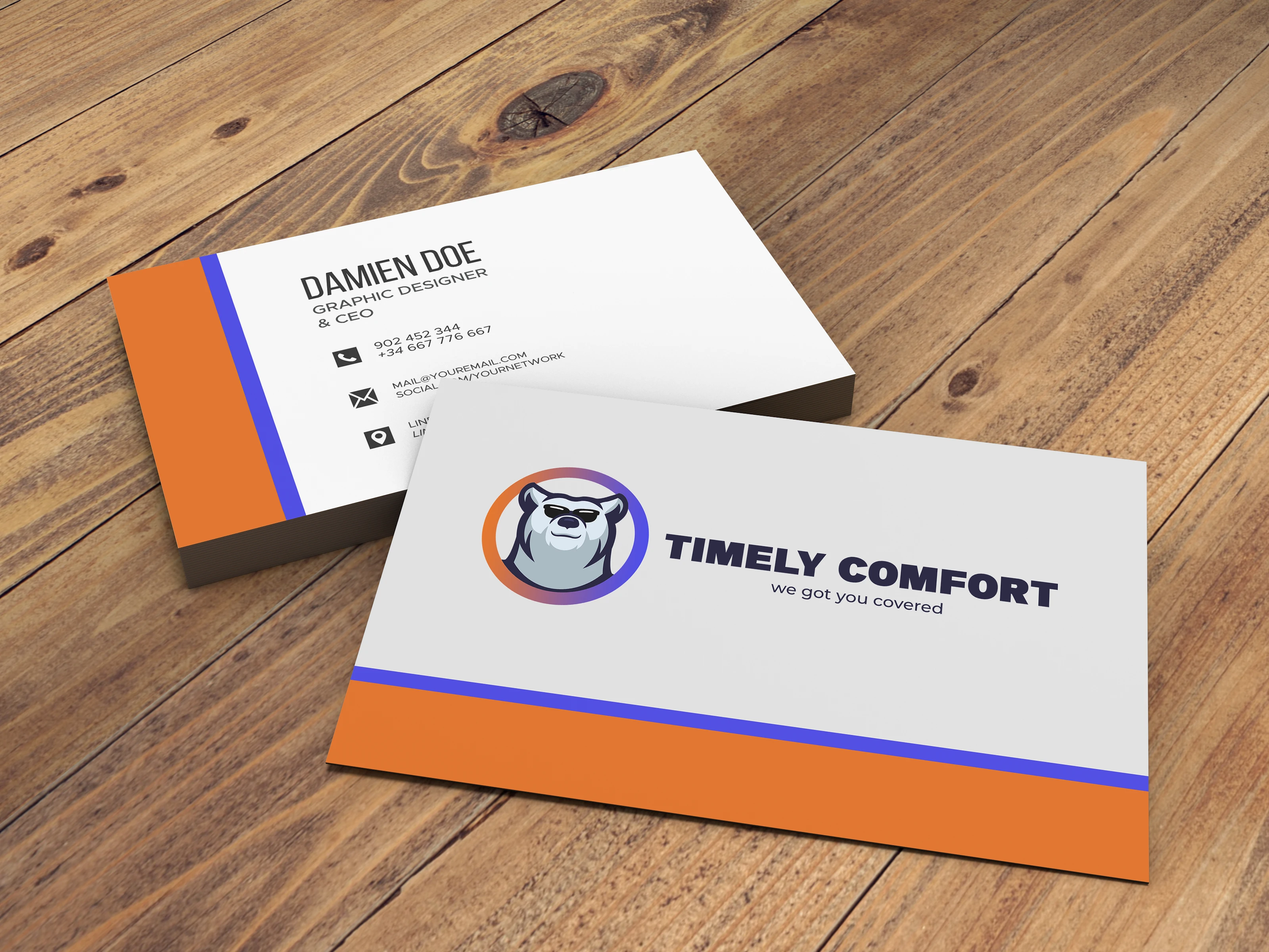 *Application of the brand palette and identity into a clean, professional contact card layout.*