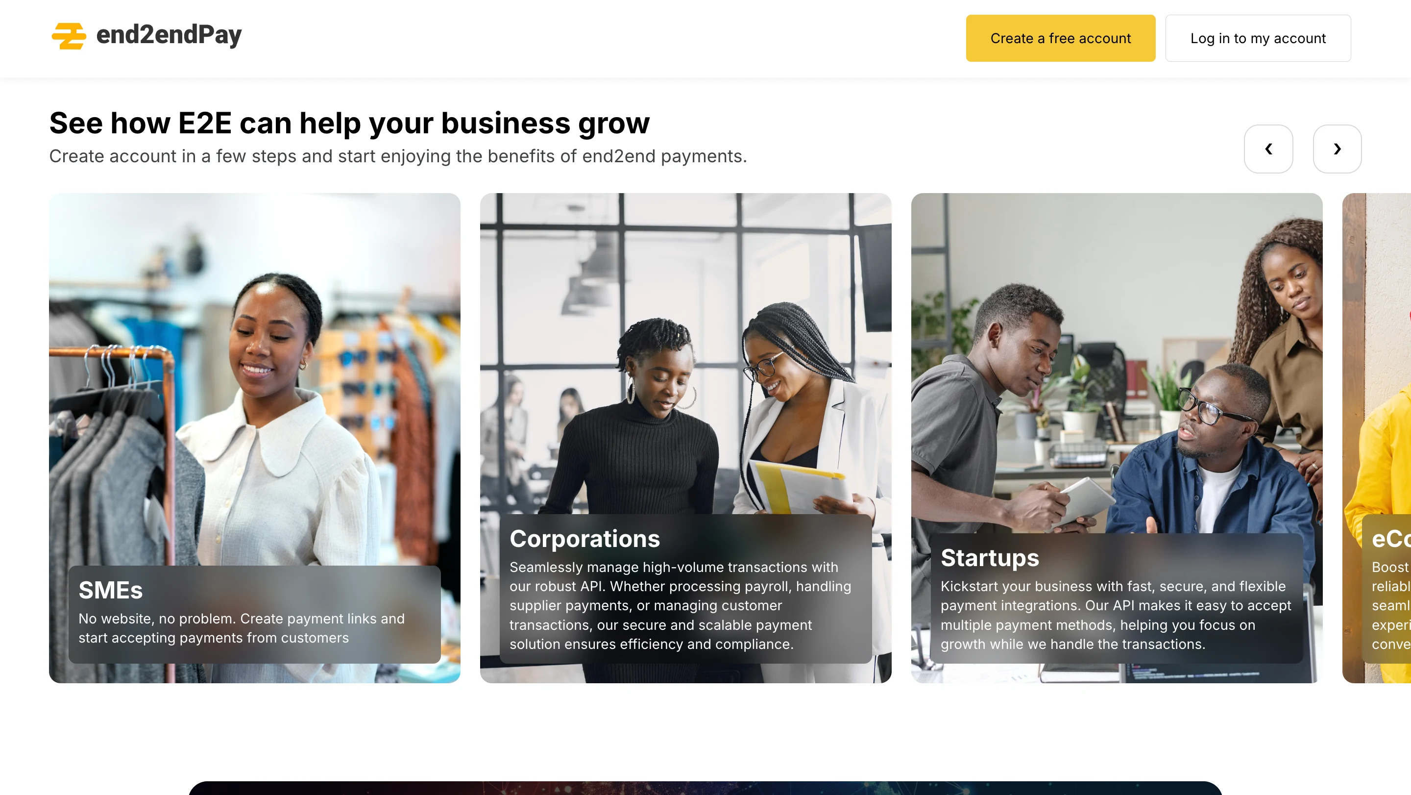 Slider showing how businesses of various kinds can benefit from end2end pay services