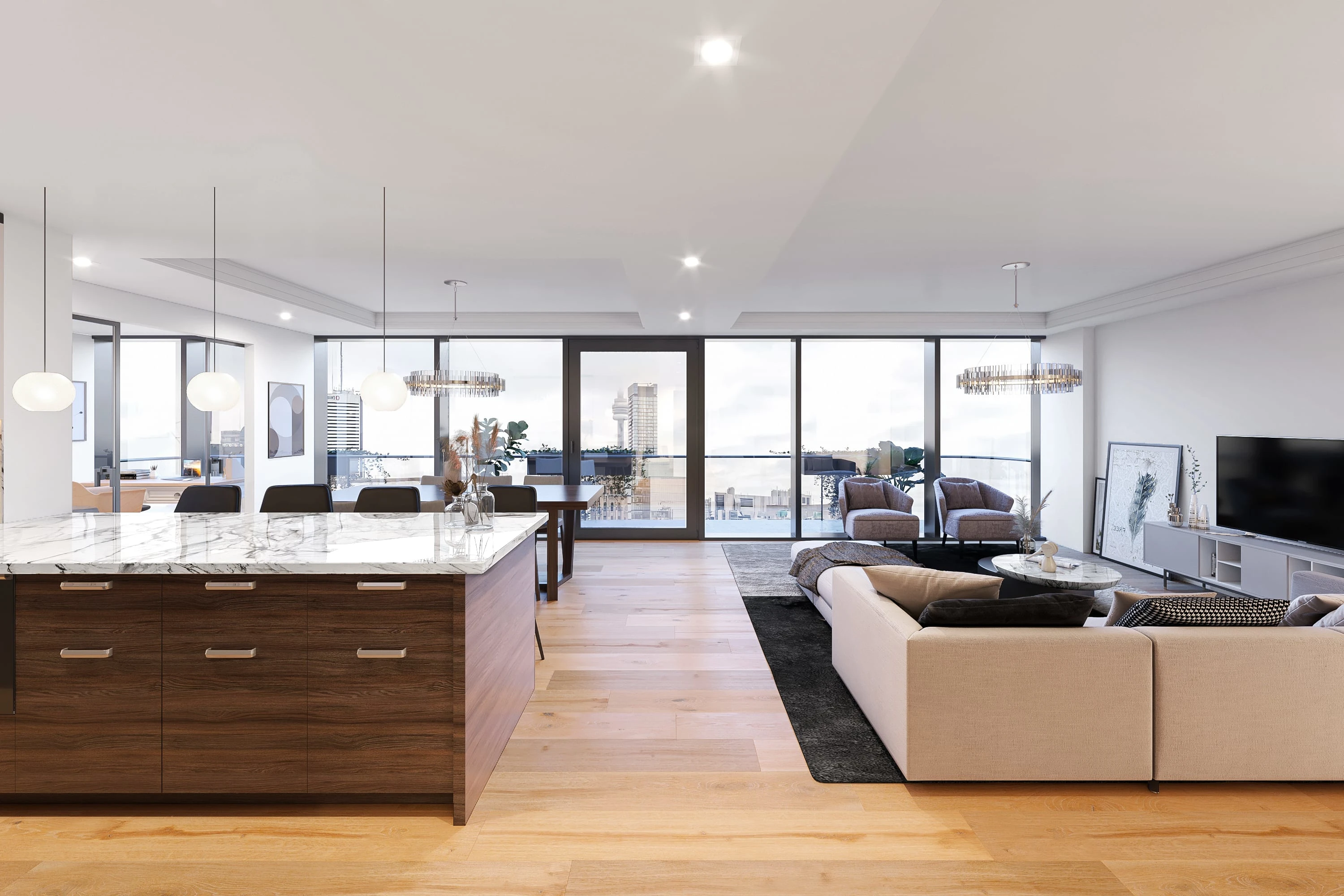 City view focus living room and dining room ultra-realistic rendering