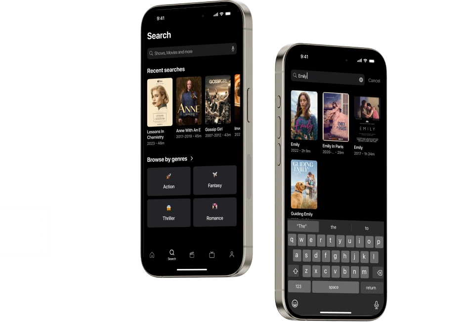 Search tab created to quickly find specific movies / TV shows. The screen includes recent searches by user and browsing by genre to find content according to mood.