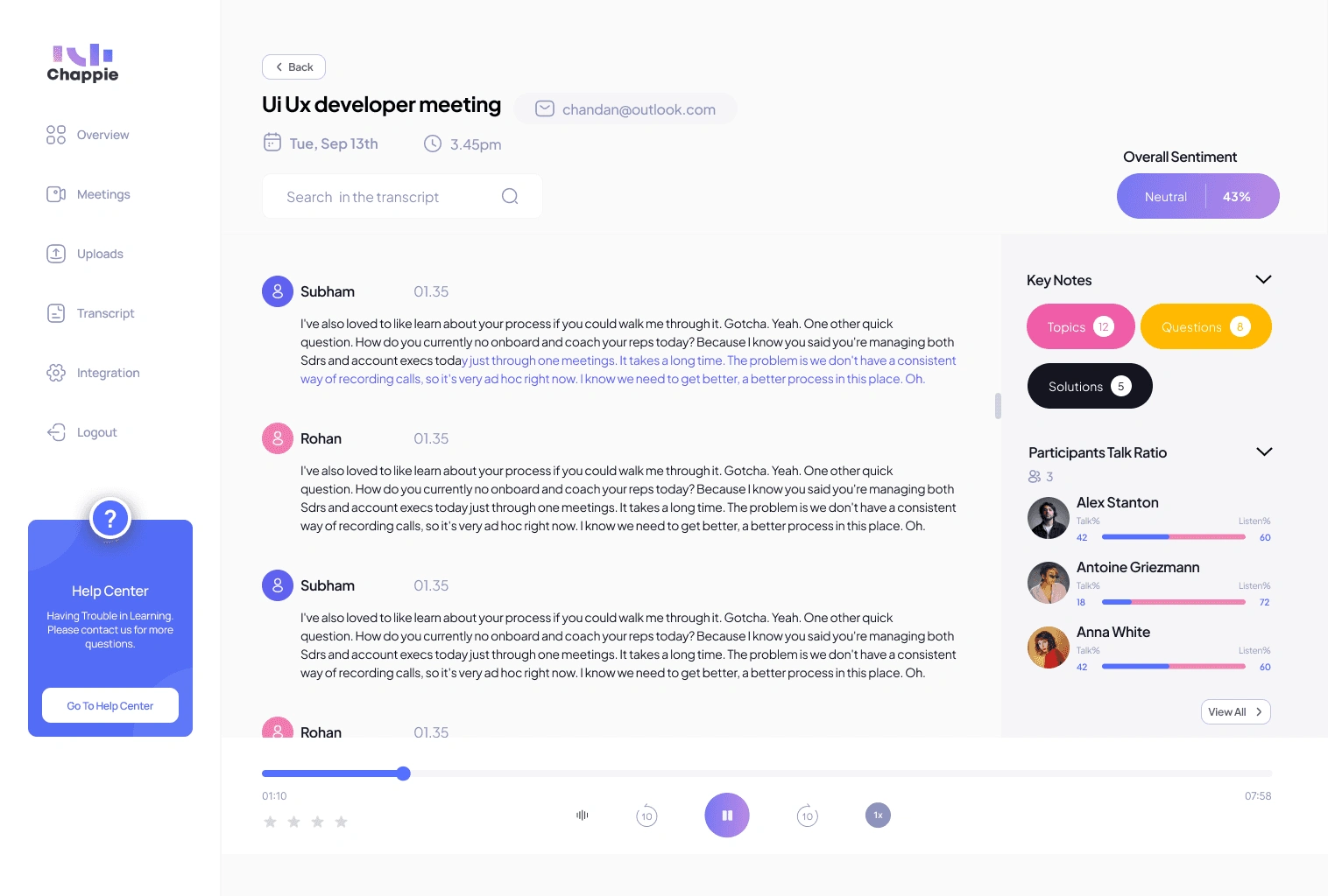Transcription screen with analytics