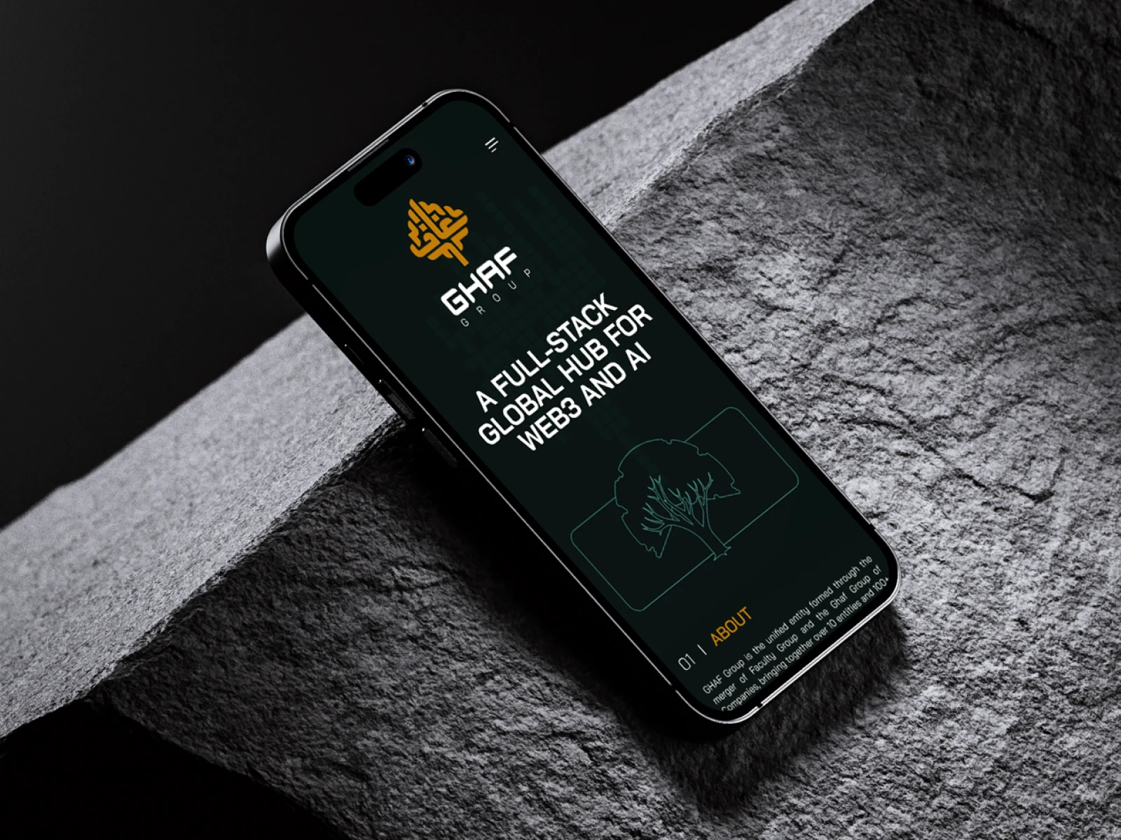 Mobile-first UI with dark theme and mission-focused structure — introducing Ghaf Group as a full-stack global Web3 & AI hub.