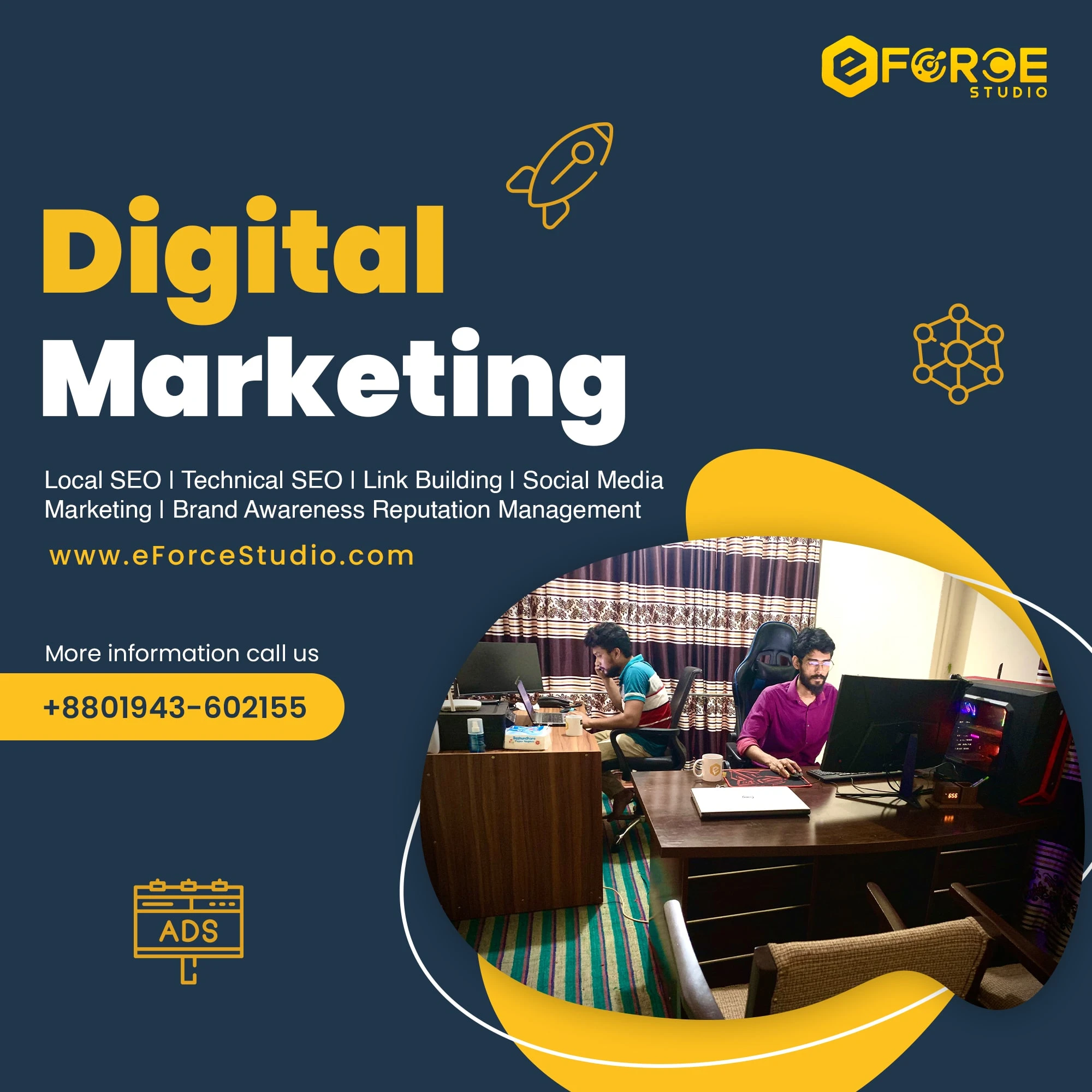 Created eye-catching social media post designs tailored to eForce Studio’s brand identity for marketing campaigns.