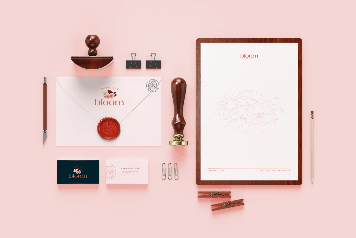 Brand styling: envelope, stamp, business card and letterhead