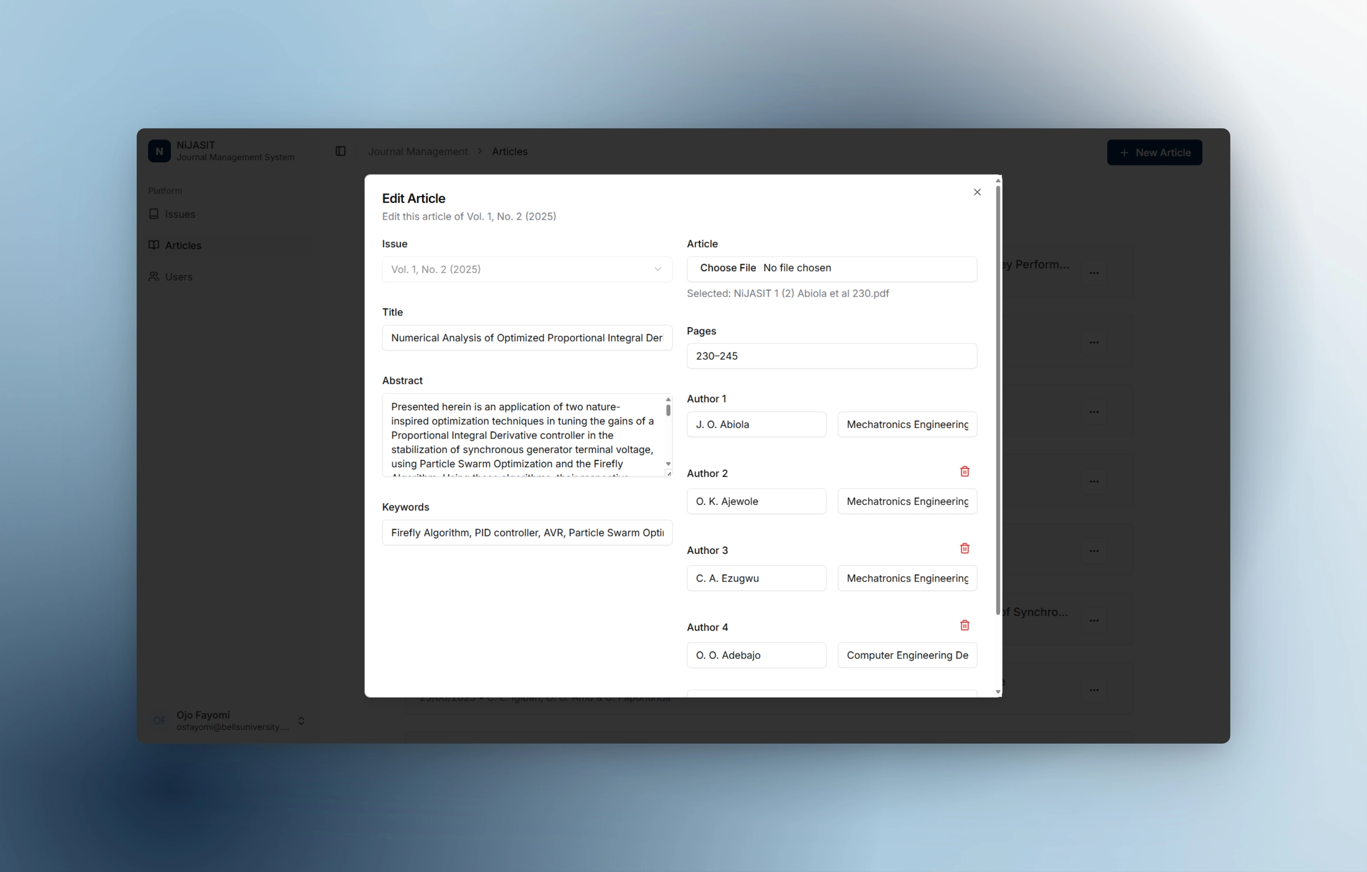 Edit Article Modal showing all prior article information and author inputs
