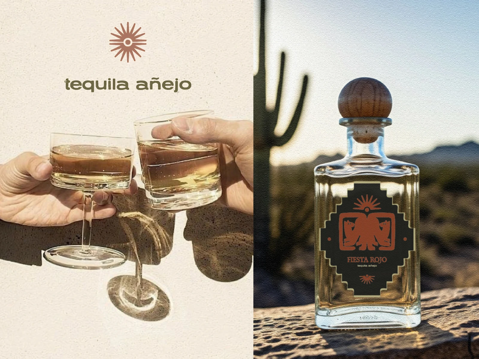 Showcasing the brand elements through imagery. On the right is the label design for the tequila bottle. The bottle features a wooden cap, reinforcing the story of an aged, traditionally crafted tequila.
Alongside the logo, the label includes a custom hand-drawn illustration of wild cats — a nod to untamed nature — paired with the sun/agave motif to evoke the raw, local origin of the ingredients.