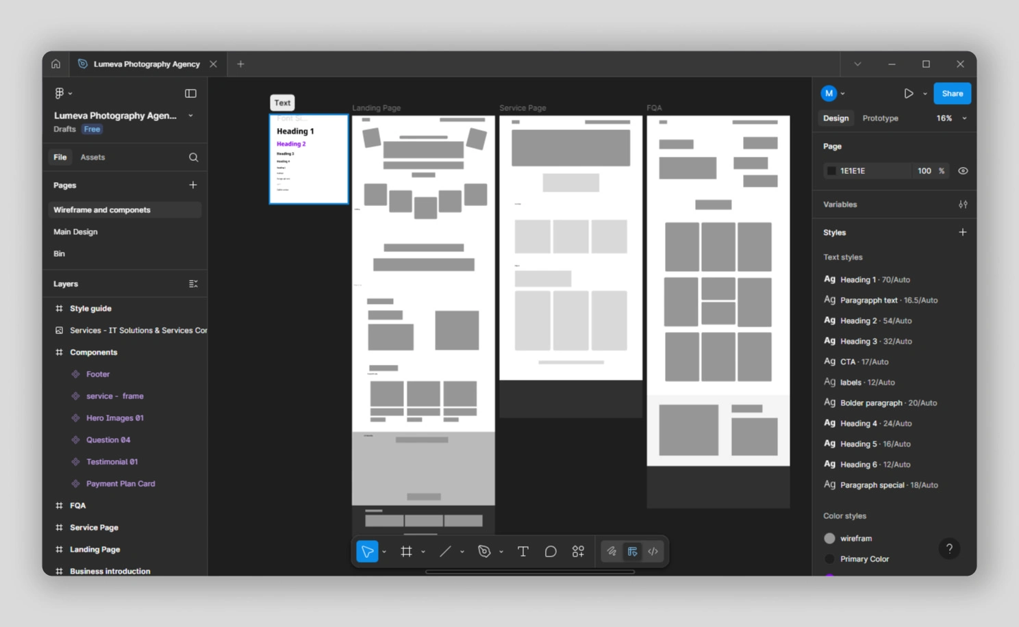 Wireframe of the landing page, service page, and Contact page