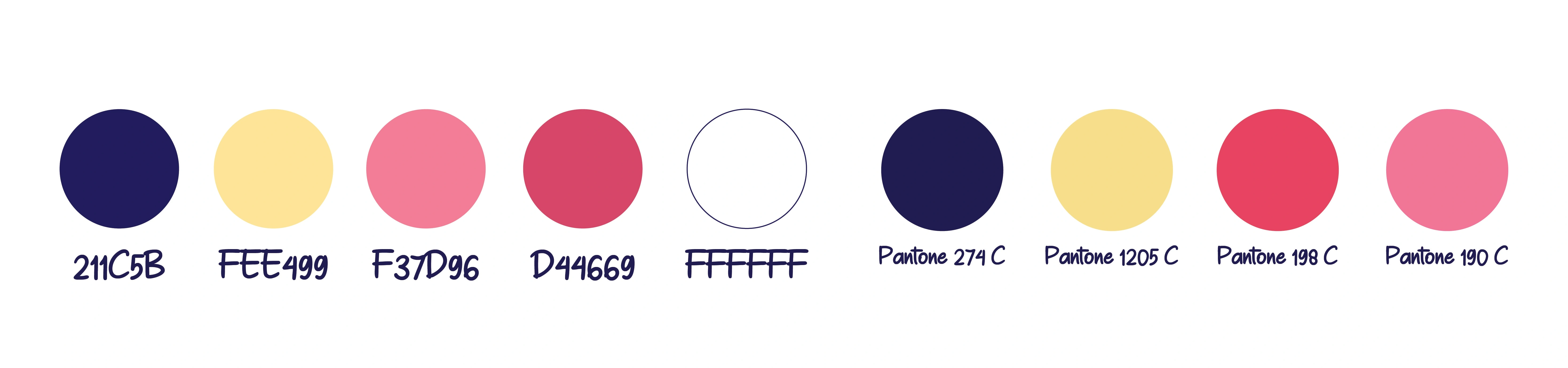 Colour Palette featuring a blue tone that represents the deep dark space accompanied by yellow and pinks that complement it.