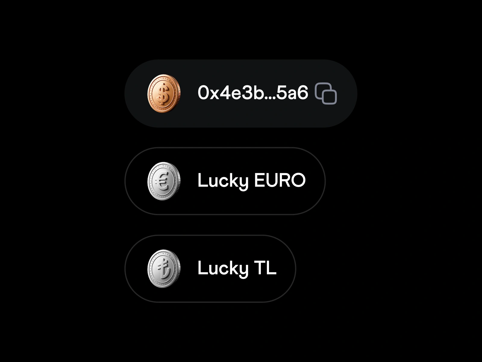 A close-up of LuckyToken's micro-interactions: each currency option comes with its own visual identity and verifiable contract address, crafted for clarity and instant recognition.

