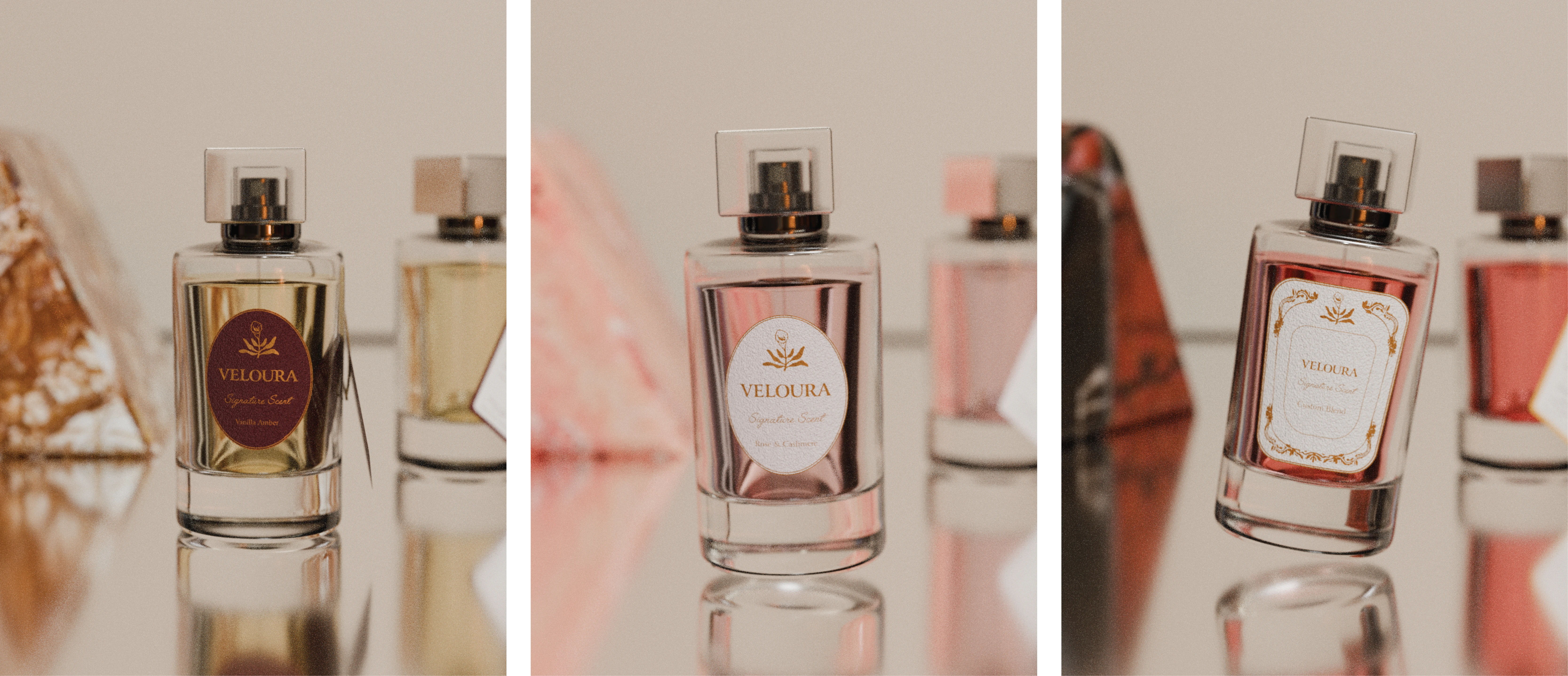 The 3 Perfumes, Vanilla & Amberwood, Rose & Cashmere and a Custom blend