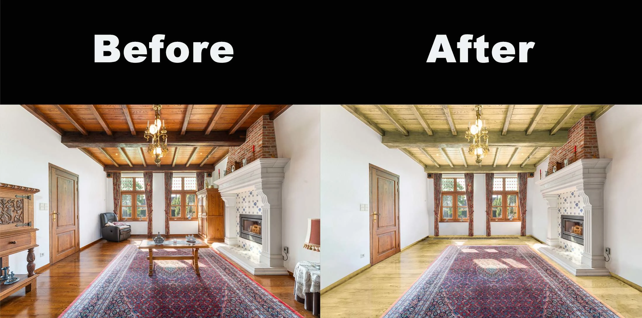 Professional real estate photo editing: light and color correction, perspective adjustment, object removal and addition, sky replacement, and HDR enhancement for bright, realistic images