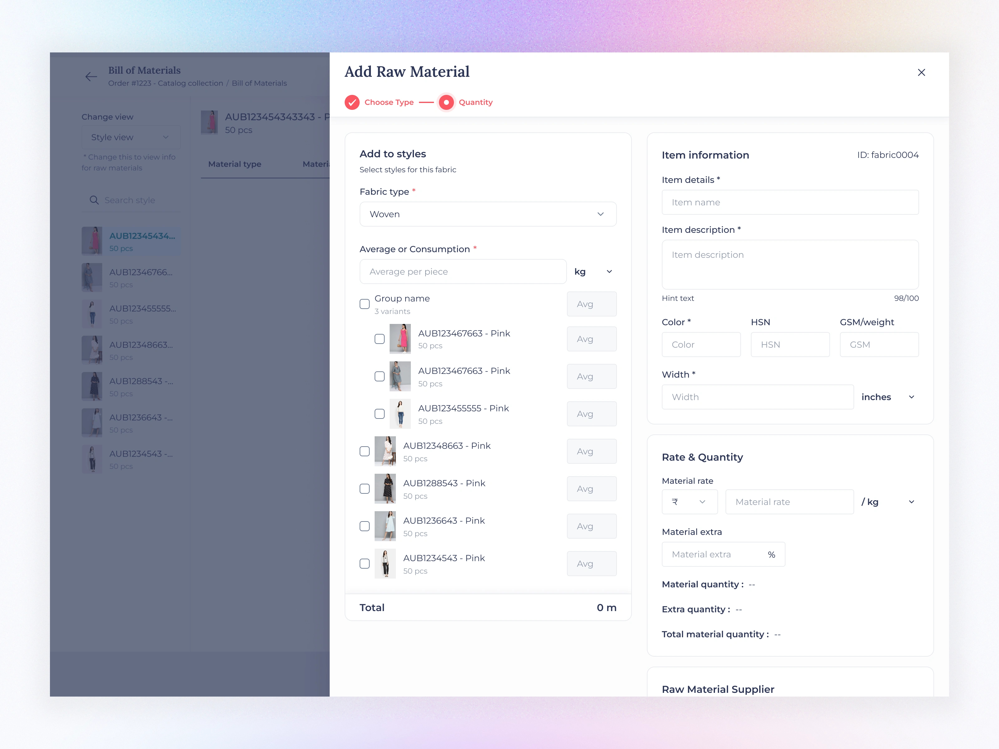 Bill of materials add quantity