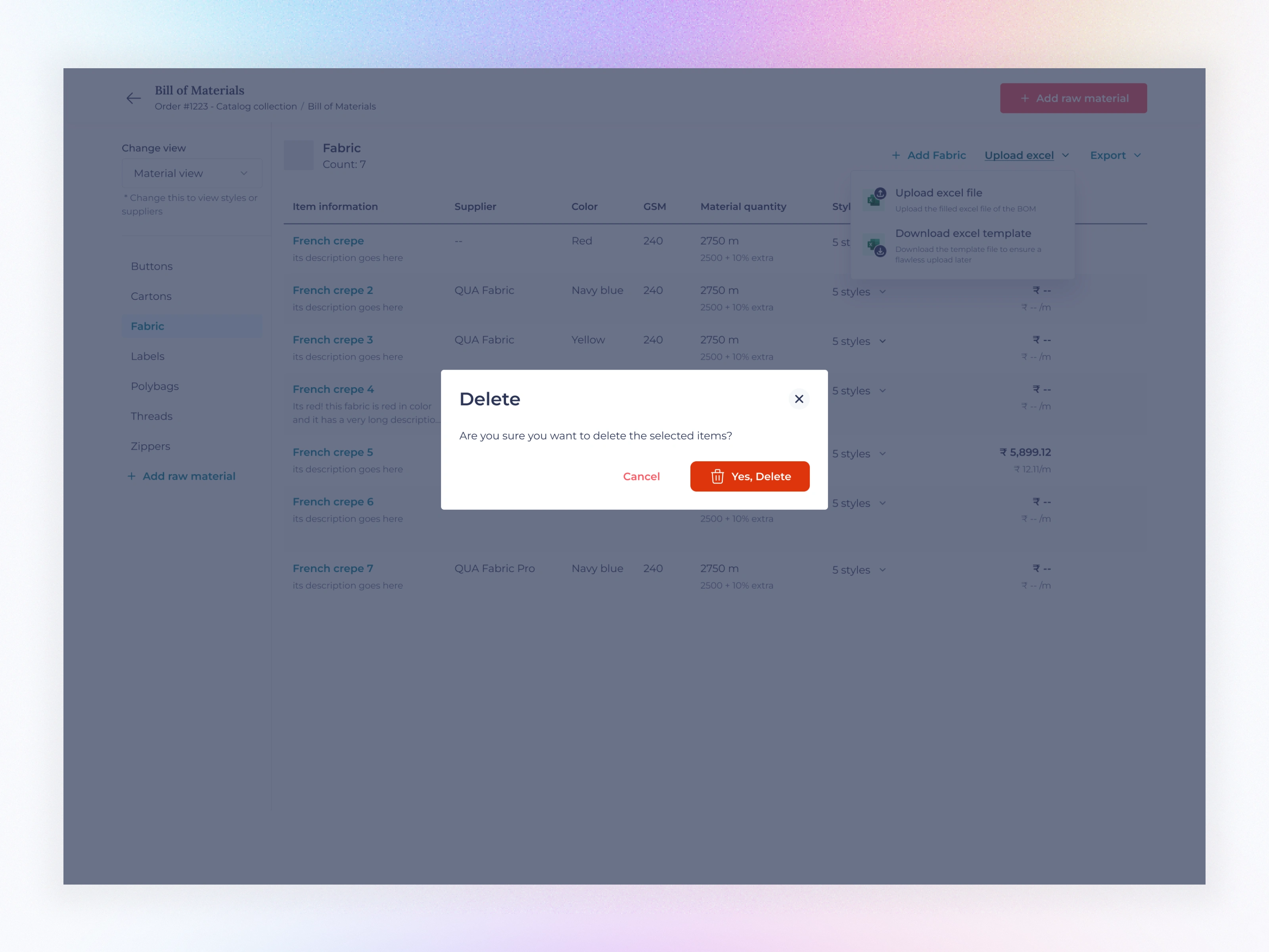  Material view Deleting Delete Popup