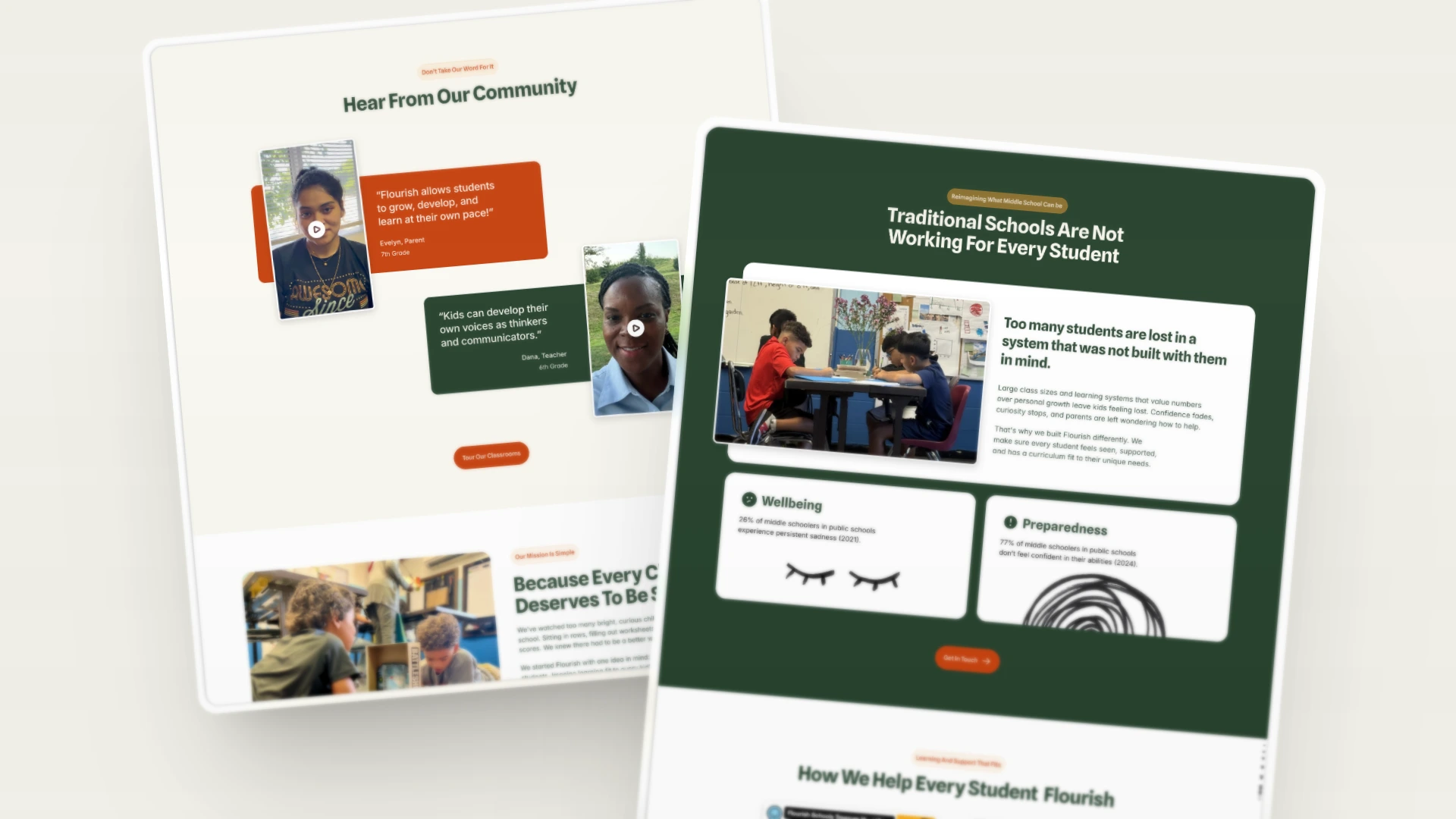 Showcase of key differentiators on Flourish Schools Framer website/